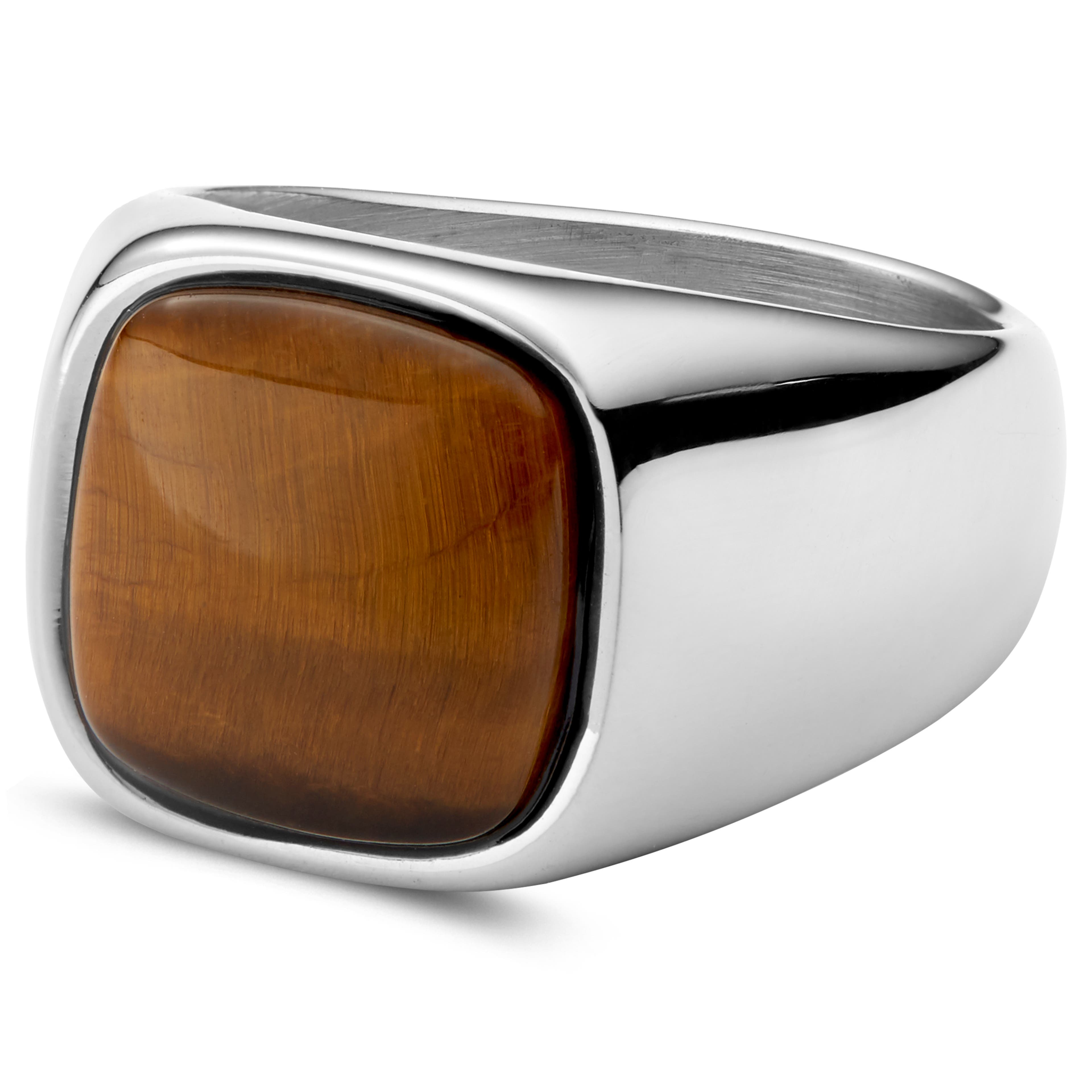 Gravel | Silver-Tone Stainless Steel With Tiger's Eye Signet Ring