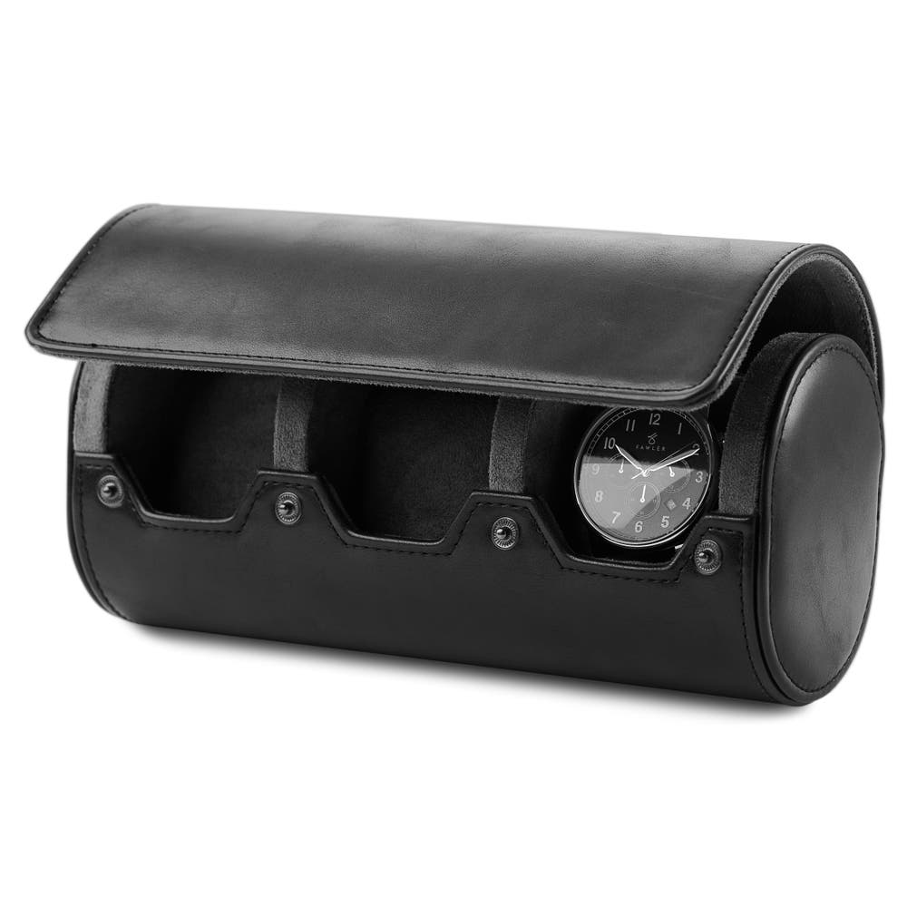 hover: Black Vintage Leather Tripple Watch Roll hover: Black Vintage Leather Tripple Watch Roll