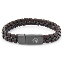 Brown Braided Leather & Stainless Steel Bracelet