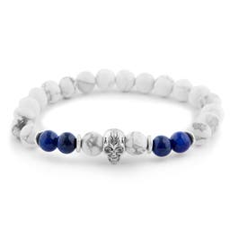White Turquoise & Blue Lapis Lazuli SIlver-Tone Skull Bracelet