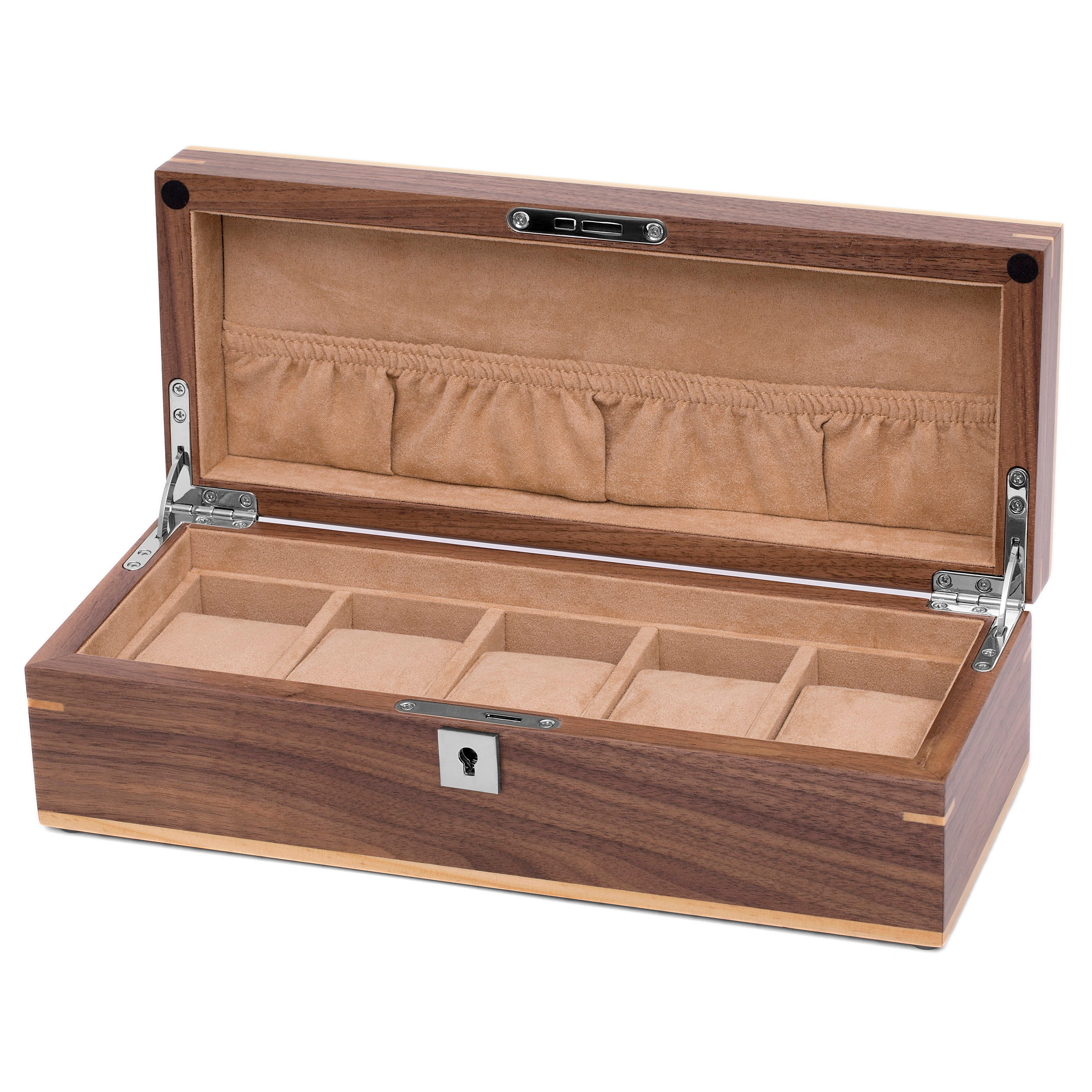Kompakte Nussbaumholz Uhrenbox Für 5 Uhren - 2