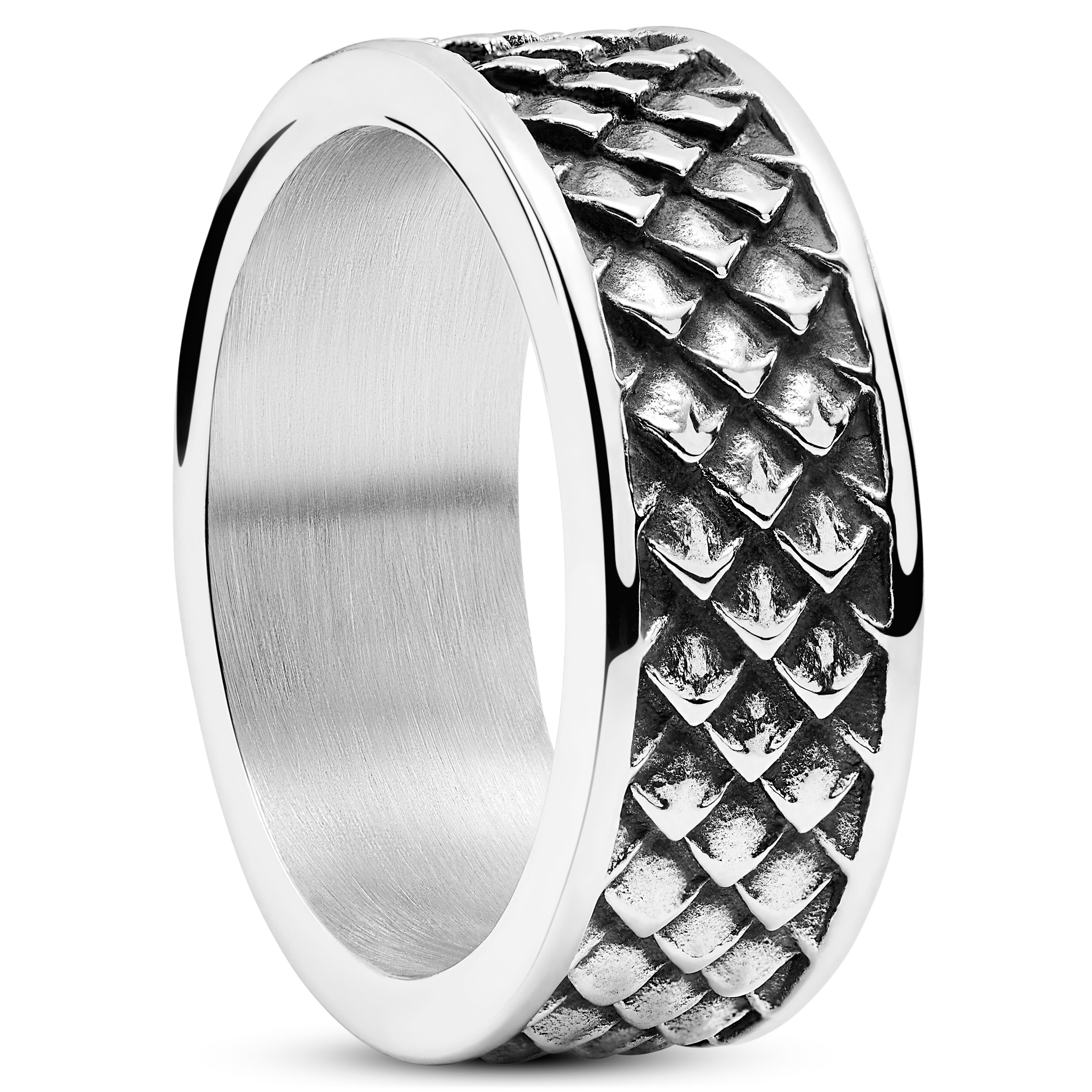 8 mm Silver-Tone Stainless Steel Dragon Scale Pattern Ring