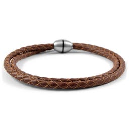 Brown Braided Leather & Stainless Steel Wrap Bracelet