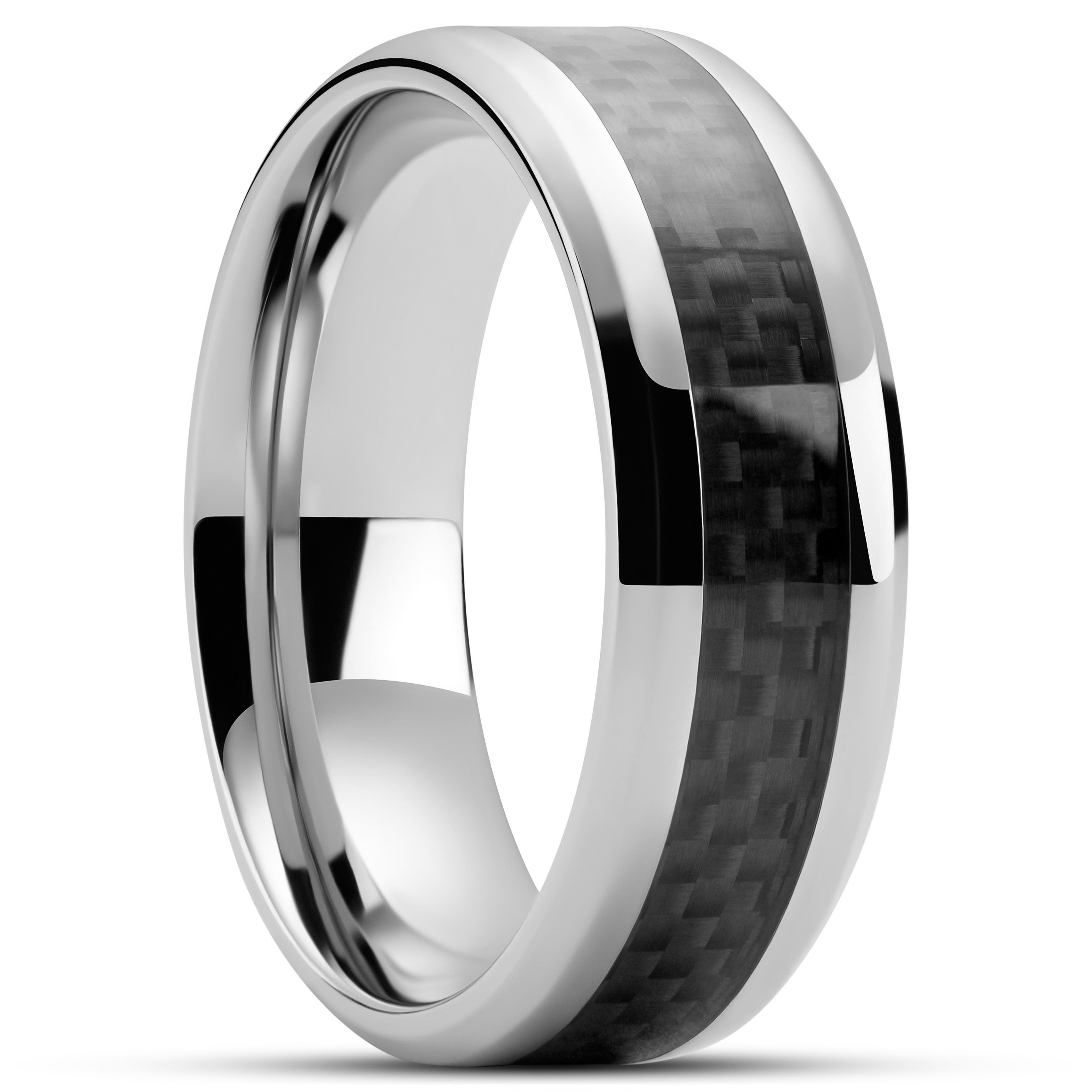 Hyperan | 8 mm Silver-tone Titanium Ring with Carbon Fibre Inlay