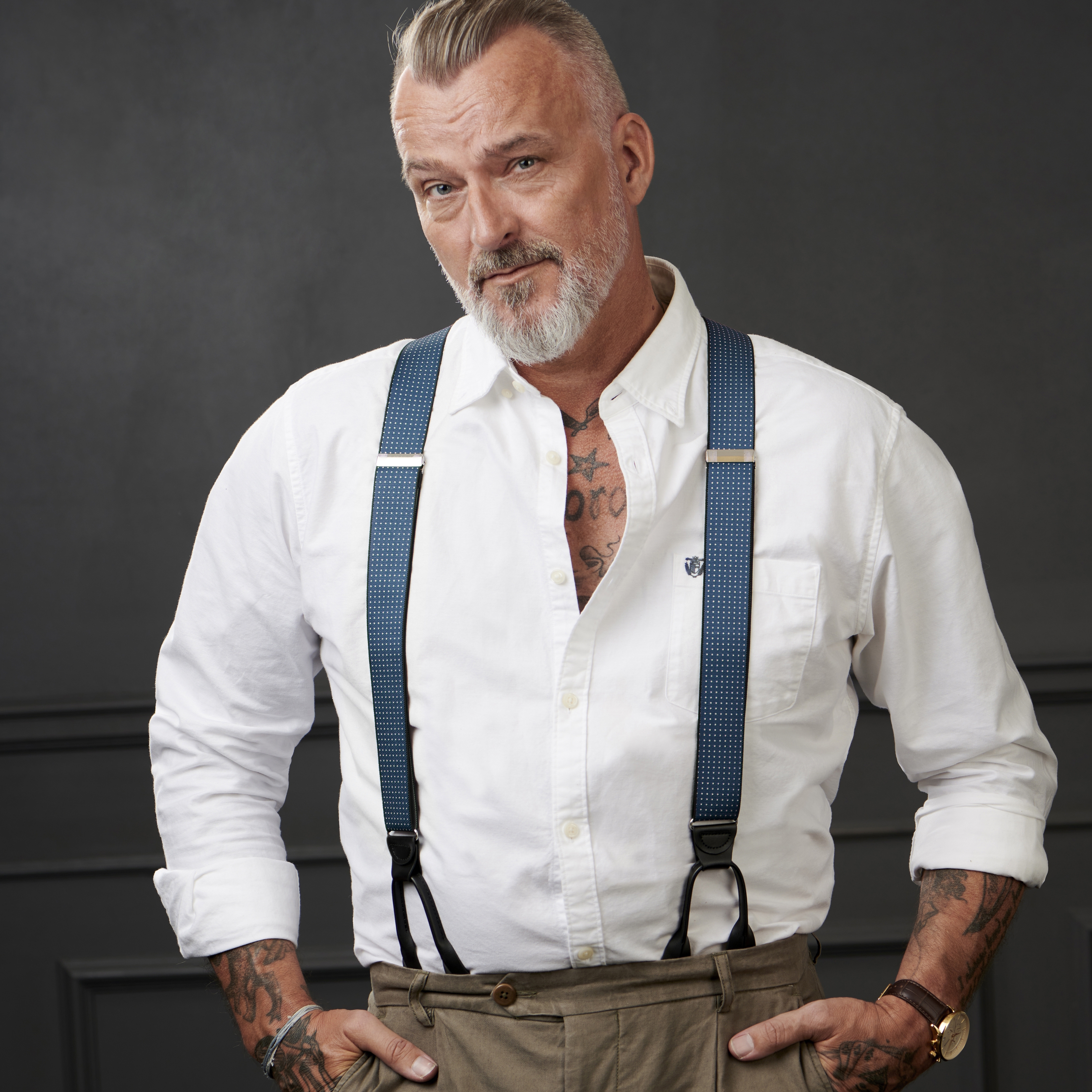 Bretelles larges à boutons - couleur bleu marine à pois - 6