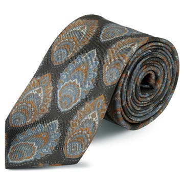Boho | Dark Brown, Blue & Orange Ornate Pattern Silk Tie