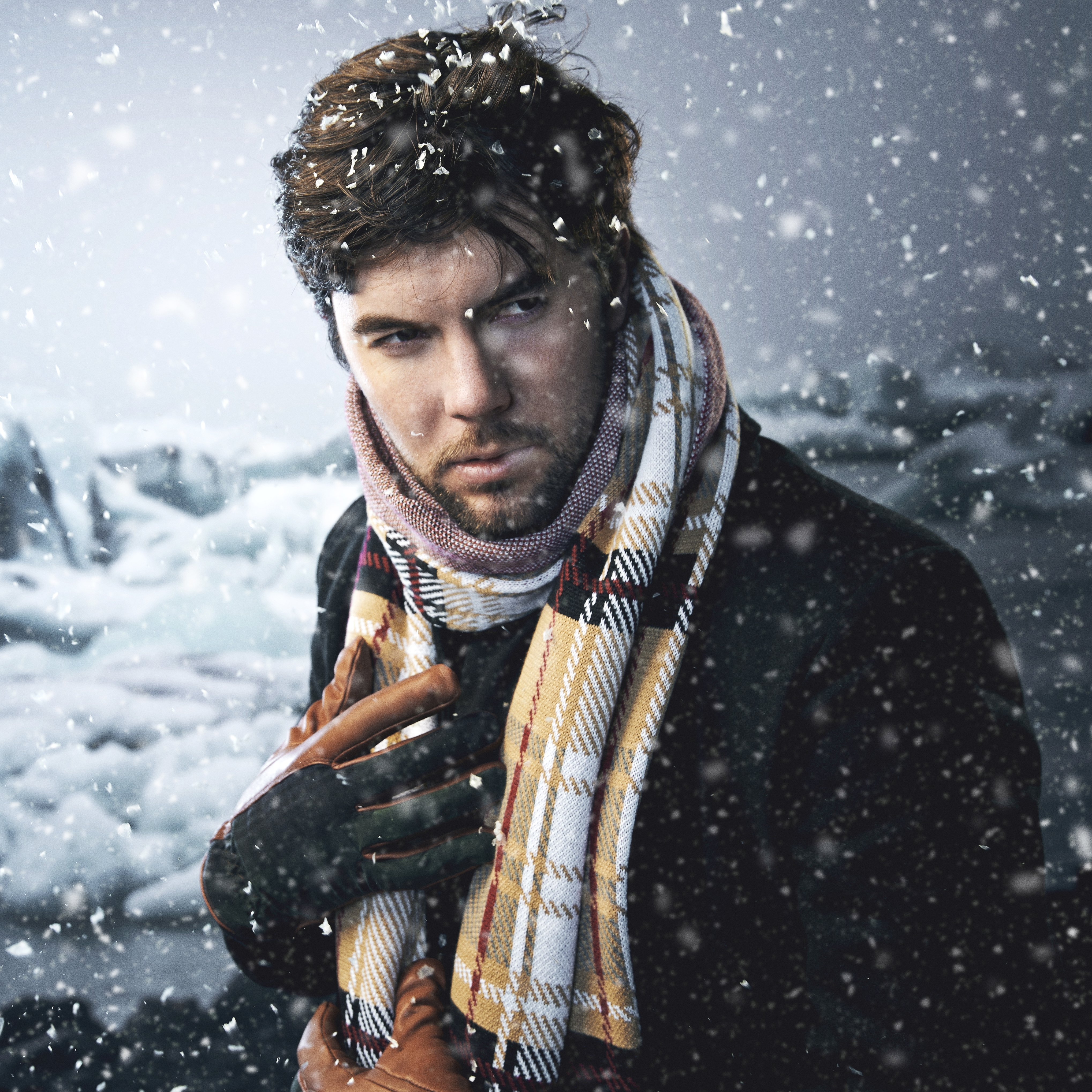 Kellanruskeat ruudulliset nahka ja villa käsineet - 3