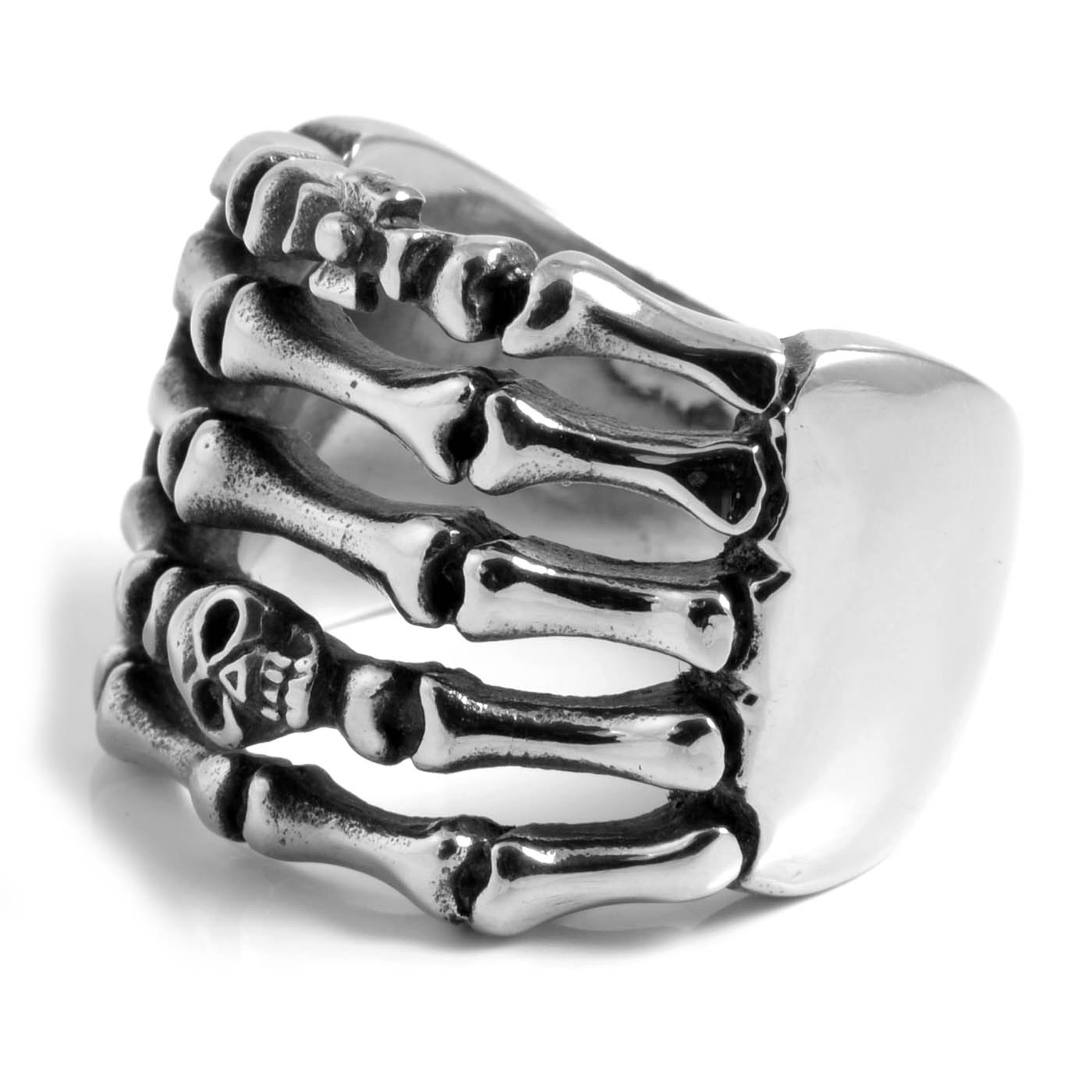 Silver-Tone & Black Stainless Steel Skull & Bones Ring