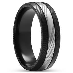 Fortis | 7 mm Double Grooved Silver-Tone and Black Damascus Steel and Titanium Ring