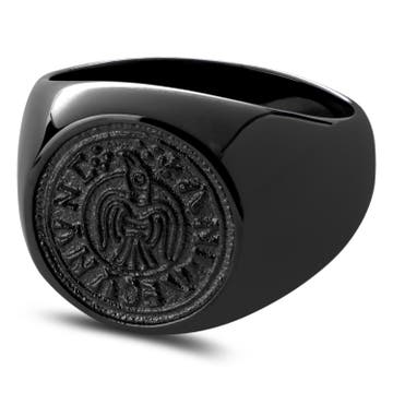 Aras | Black Stainless Steel Raven Penny Pinky Signet Ring Aras | Black Stainless Steel Raven Penny Pinky Signet Ring