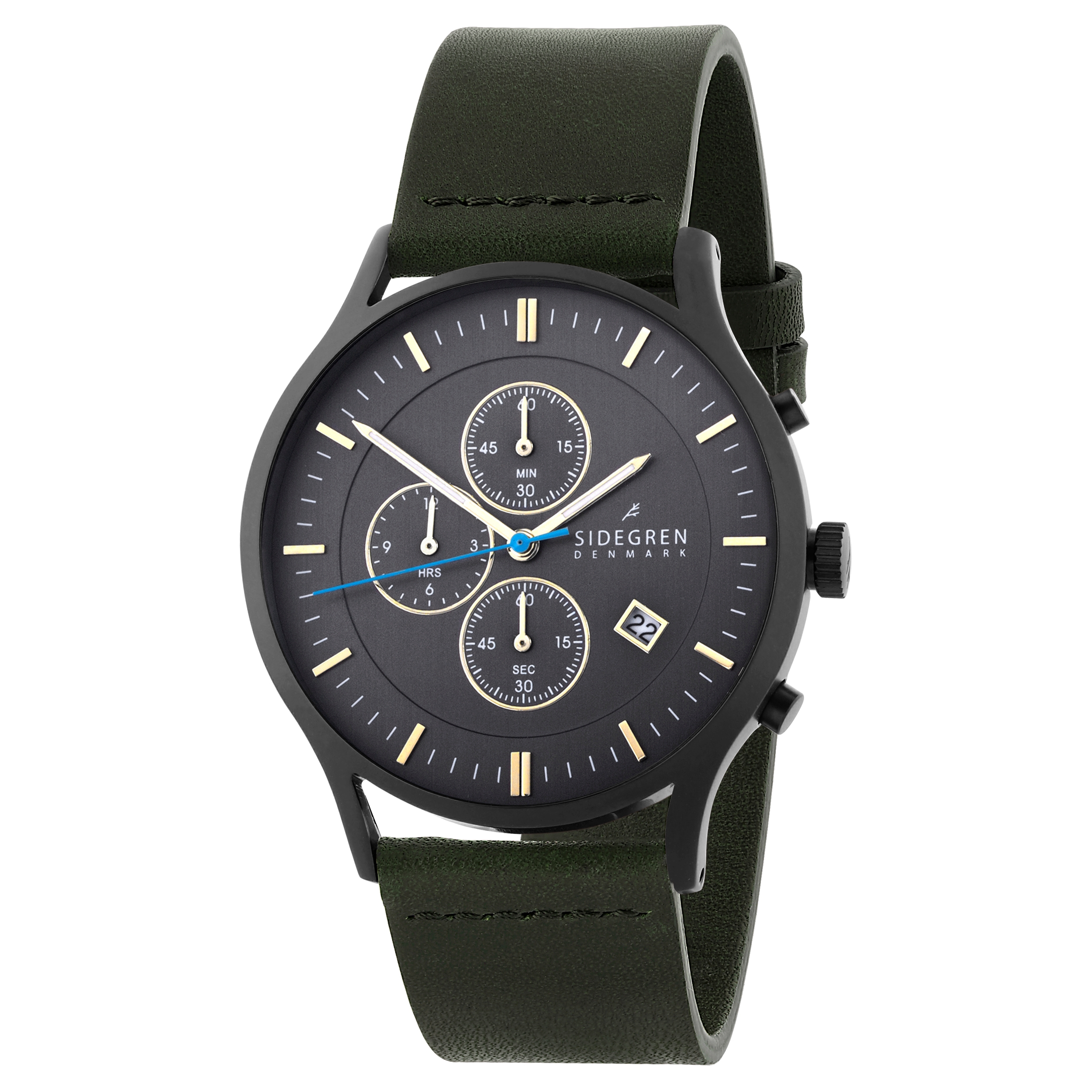 Revil | Black Chronograph Watch With Black Dial, Pale Yellow Details & Olive Green Leather Strap - 1