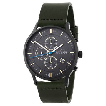 Revil | Black Chronograph Watch With Black Dial, Pale Yellow Details & Olive Green Leather Strap