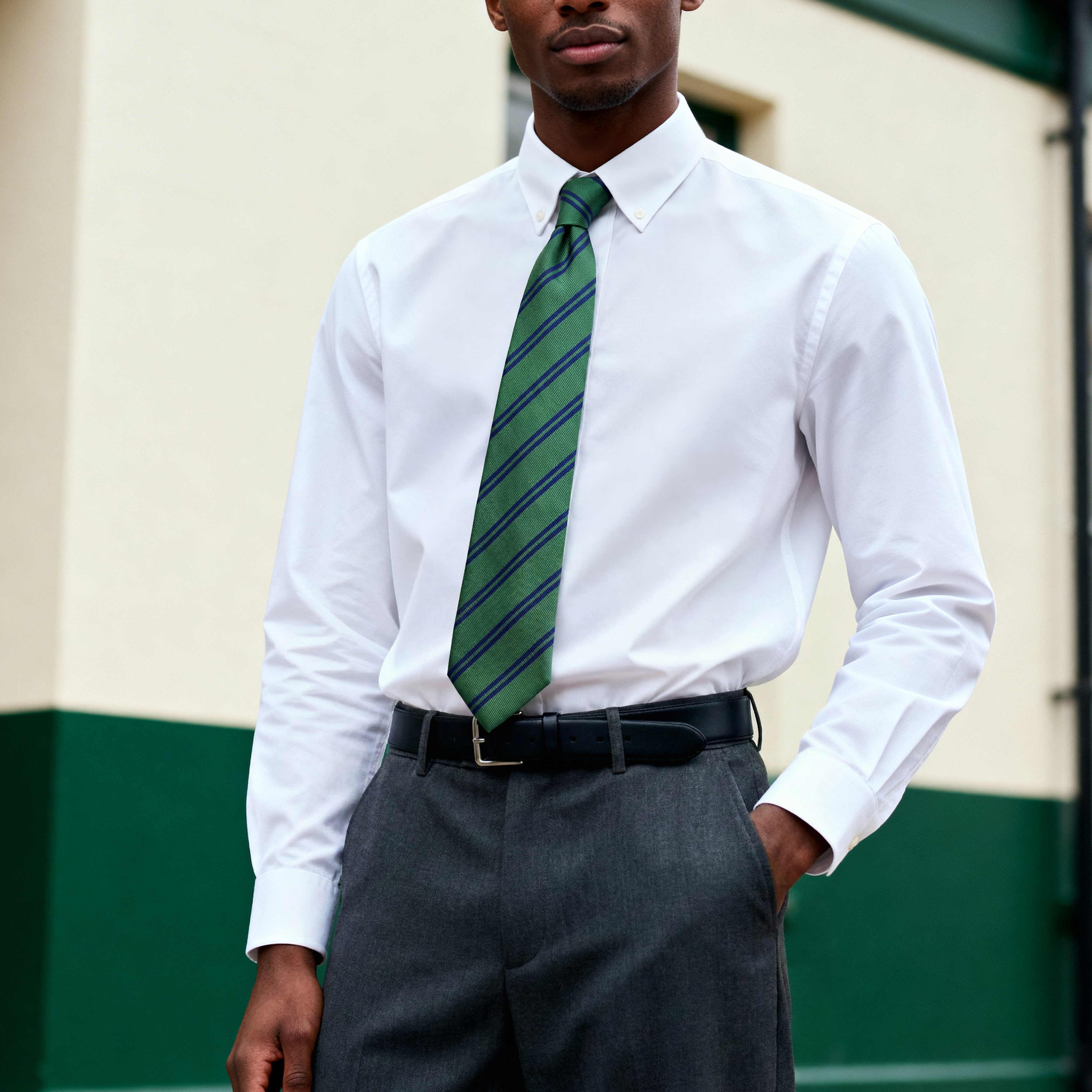 Grüne & Marineblaue Doppelstreifen Seidenkrawatte 8cm - 3