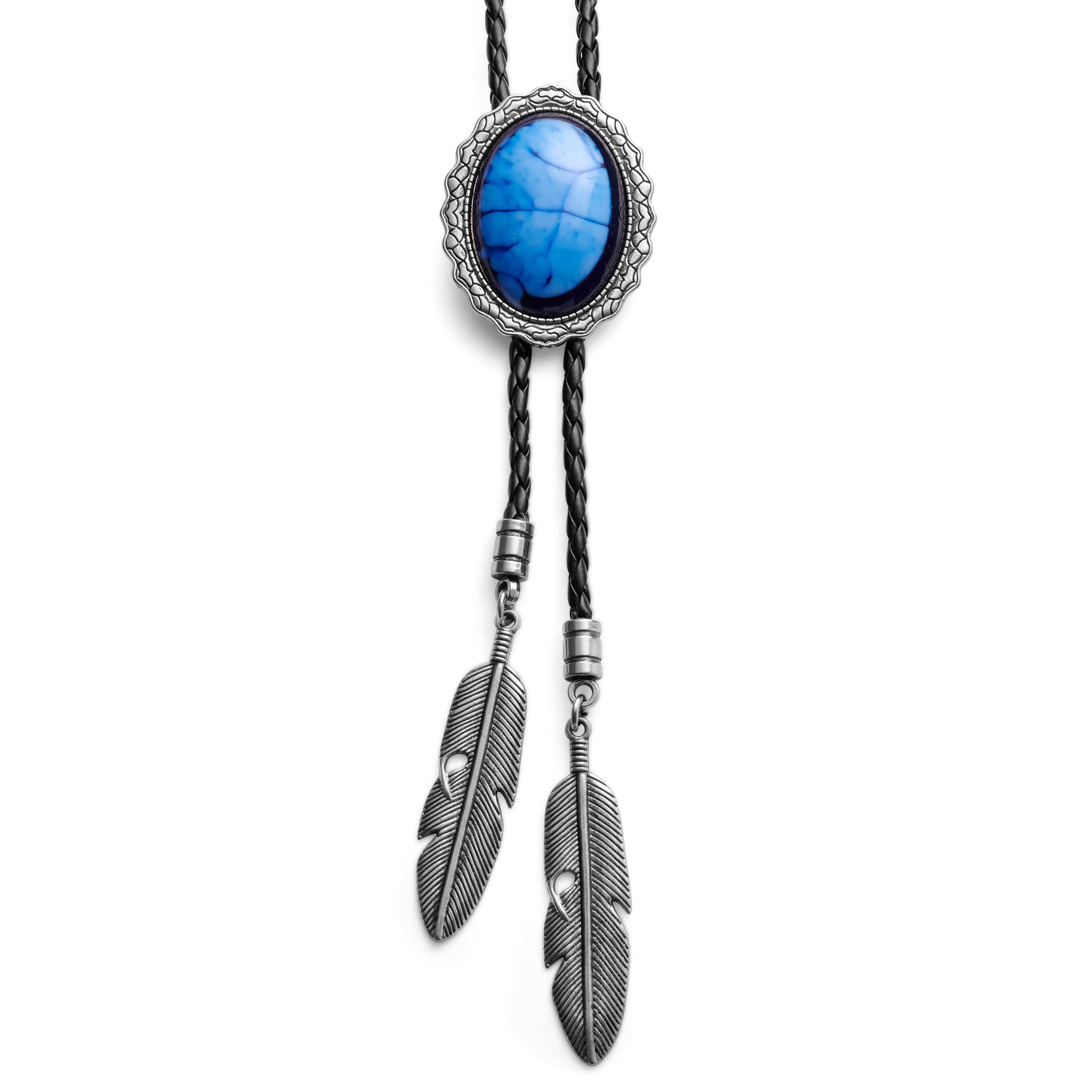 Blue Stone & Metal Feathers Adjustable Braided Leather Bolo Tie