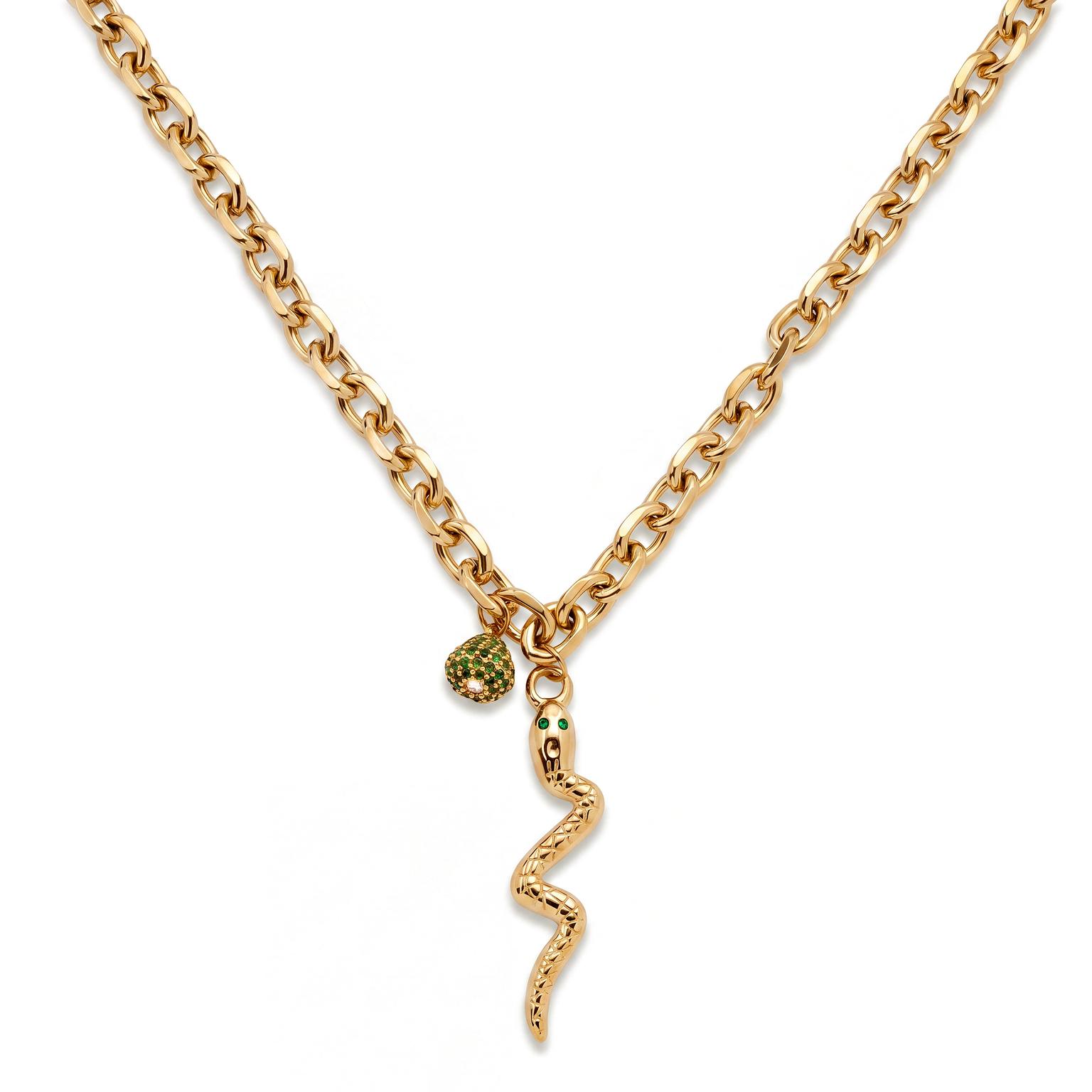 Mediterranean | 14K vergulde ketting met smaragdgroene pavé zirkonia- en slangenhanger Mediterranean | 14K vergulde ketting met smaragdgroene pavé zirkonia- en slangenhanger
