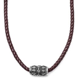 Brown Leather With SIlver-Tone Stainless Steel Skulls Barrel Necklace