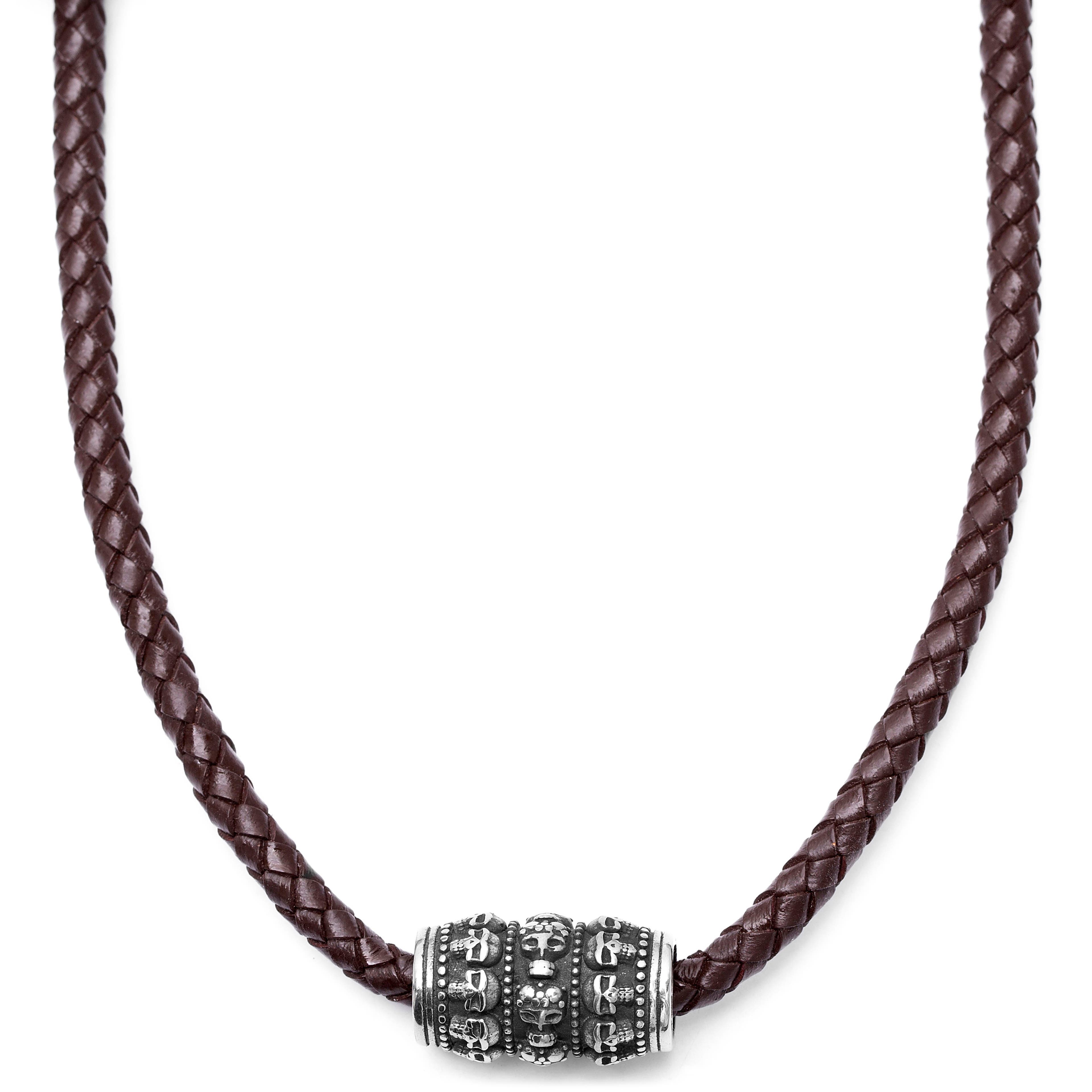 Hnedý kožený náhrdelník s lebami 