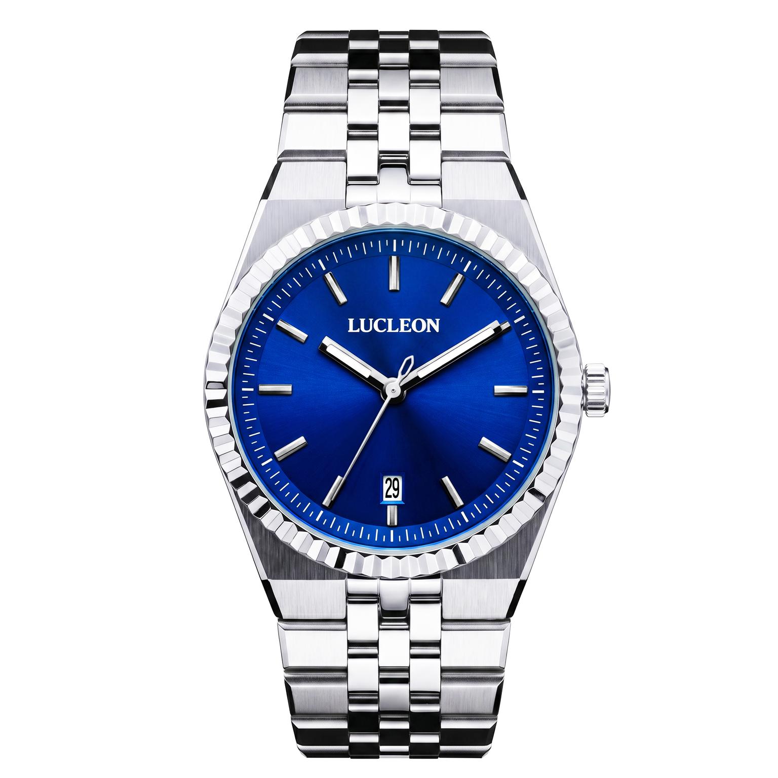 Flute | Silver-tone Stainless Steel Watch with Navy Sunray Dial and Jubilee Strap Flute | Silver-tone Stainless Steel Watch with Navy Sunray Dial and Jubilee Strap