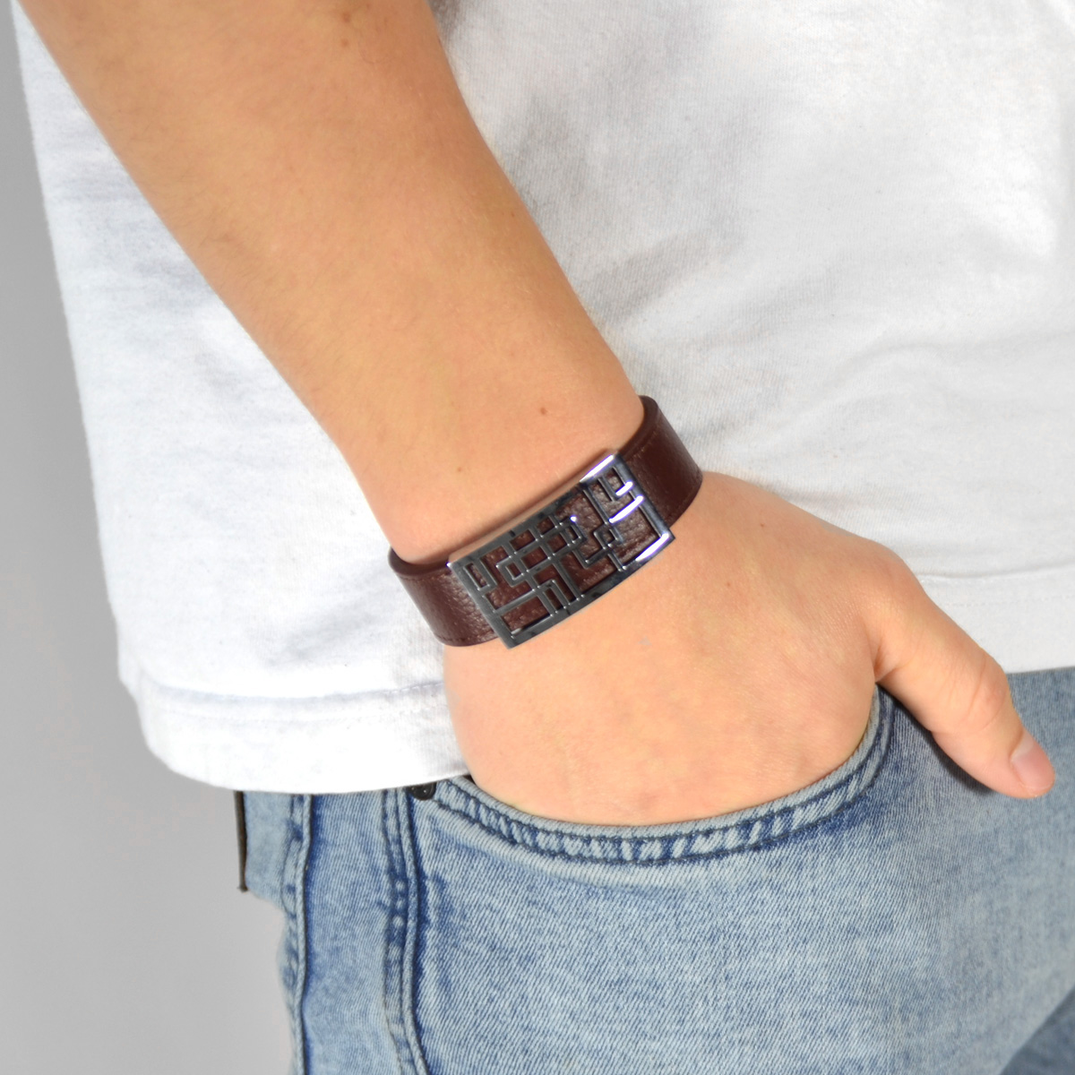 Bruine Stalen Leren Armband V1 - 3