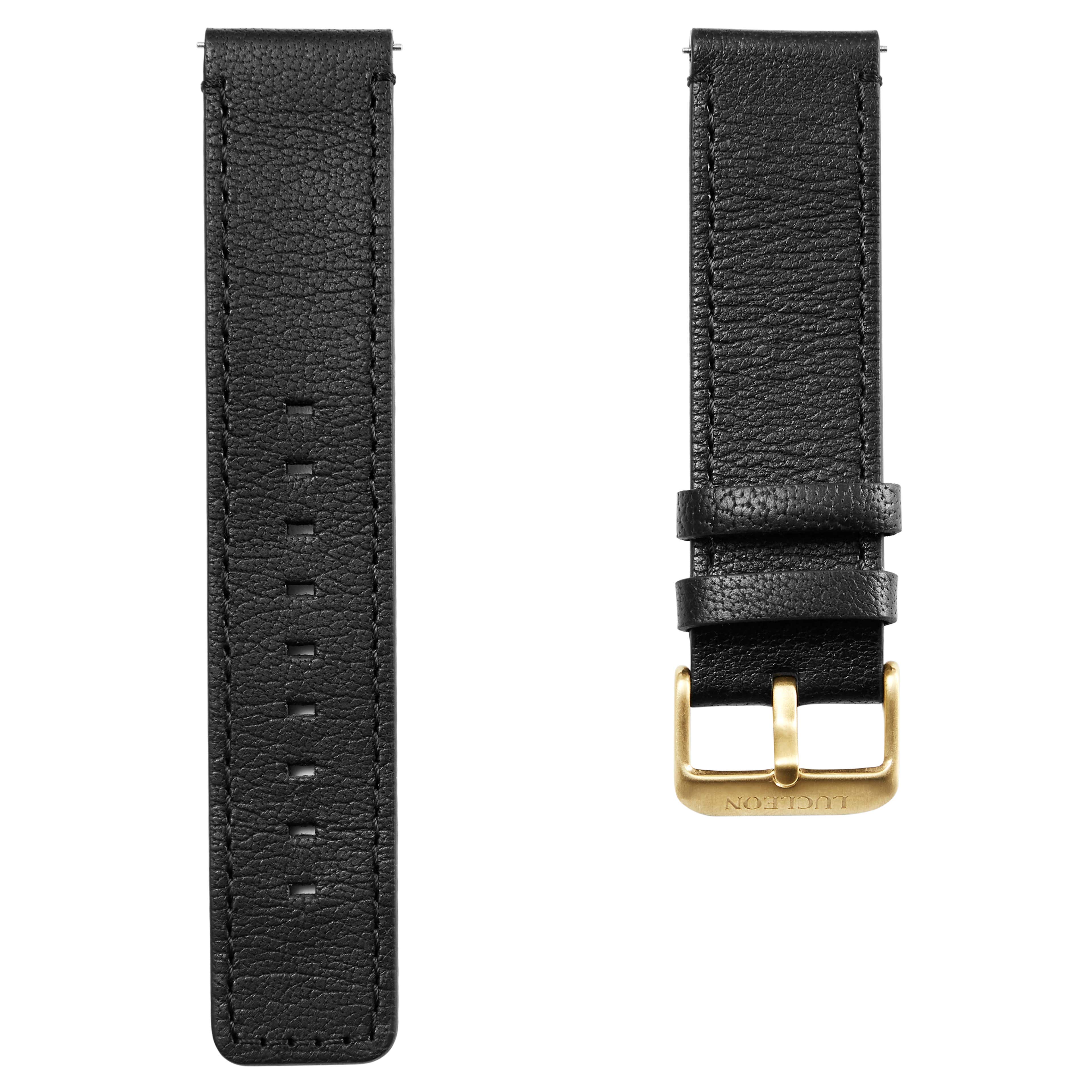 Black Leather Watch Strap with Gold-Tone Buckle
