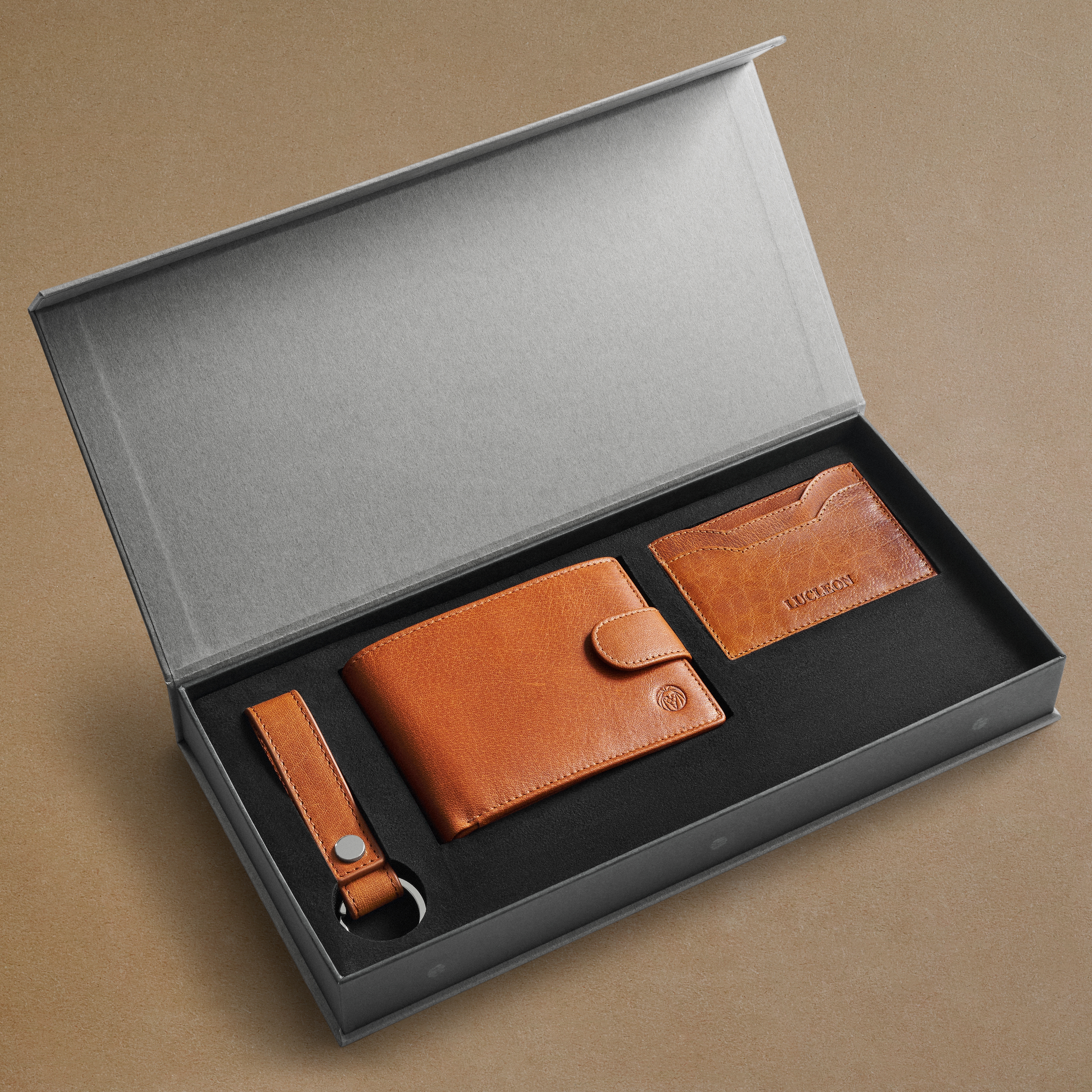 Caja de regalo Essentials de cuero de búfalo con bloqueo RFID color canela - 3