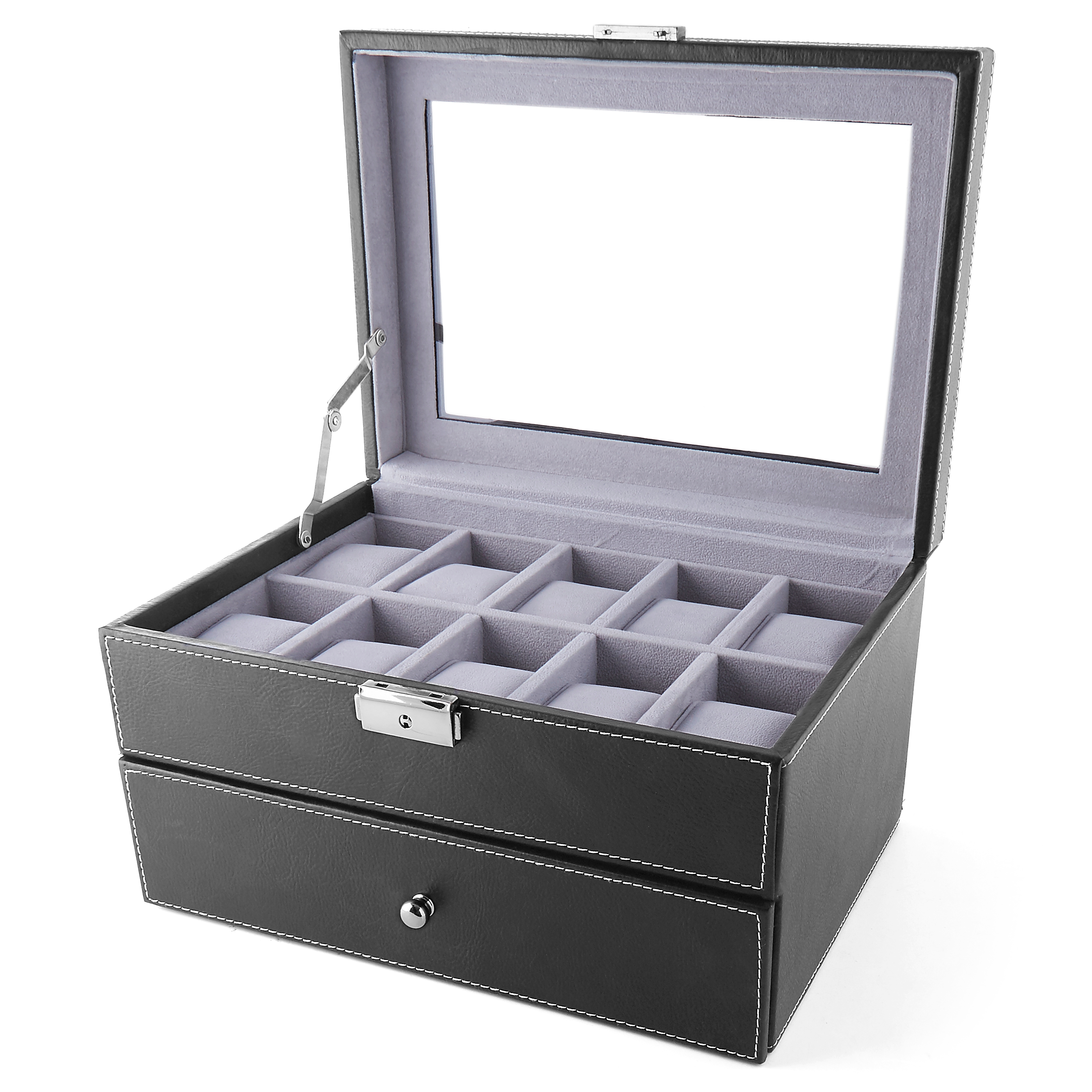 Svart Konstläder Klocklåda i Två Våningar - 20 klockor - 2