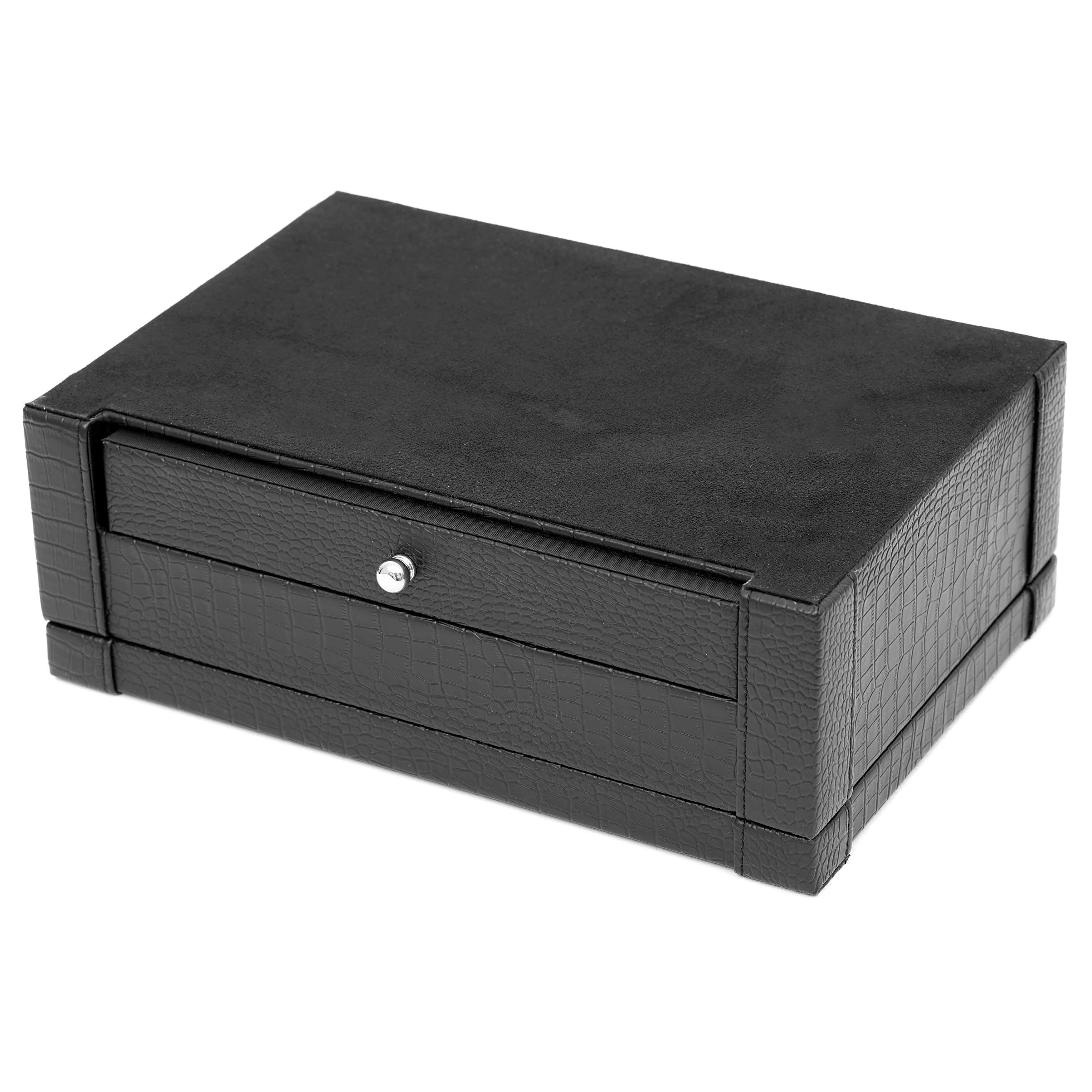 Schwarze Krokodilleder Manschettenknöpfe Box - 6
