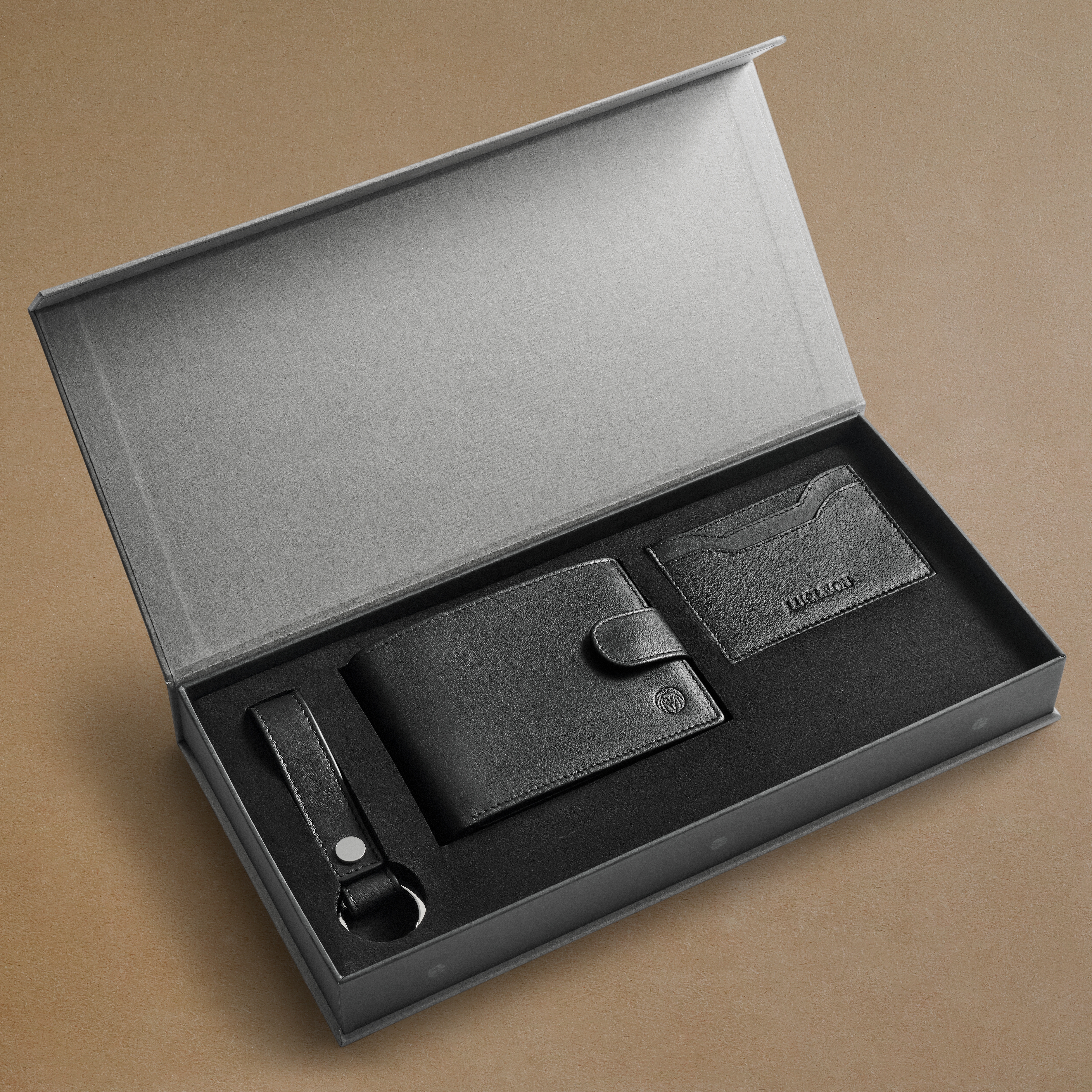 Svart RFID-blockerande Plånbok och Korthållare, och Nyckelring Buffelläder Presentpaket - 3