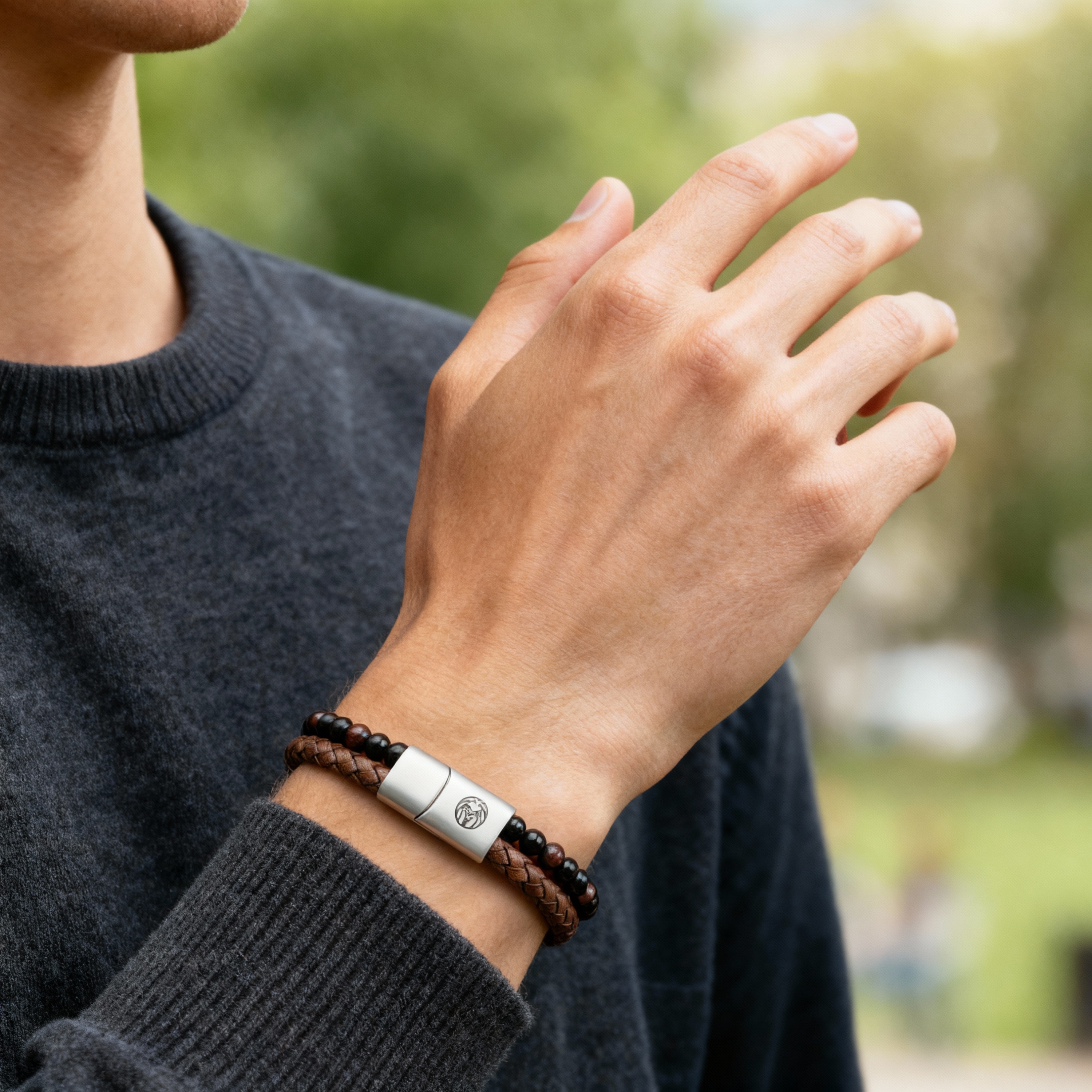 Red Tiger’s Eye, Onyx, and Vintage Leather Icon Bracelet - 4