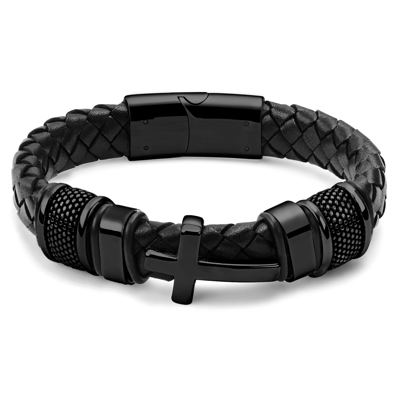Pulsera trenzada con cruz de acero inoxidable negro Pulsera trenzada con cruz de acero inoxidable negro