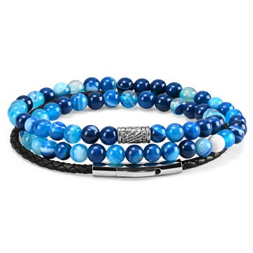Blue Agate & Leather Cord Bracelet Set