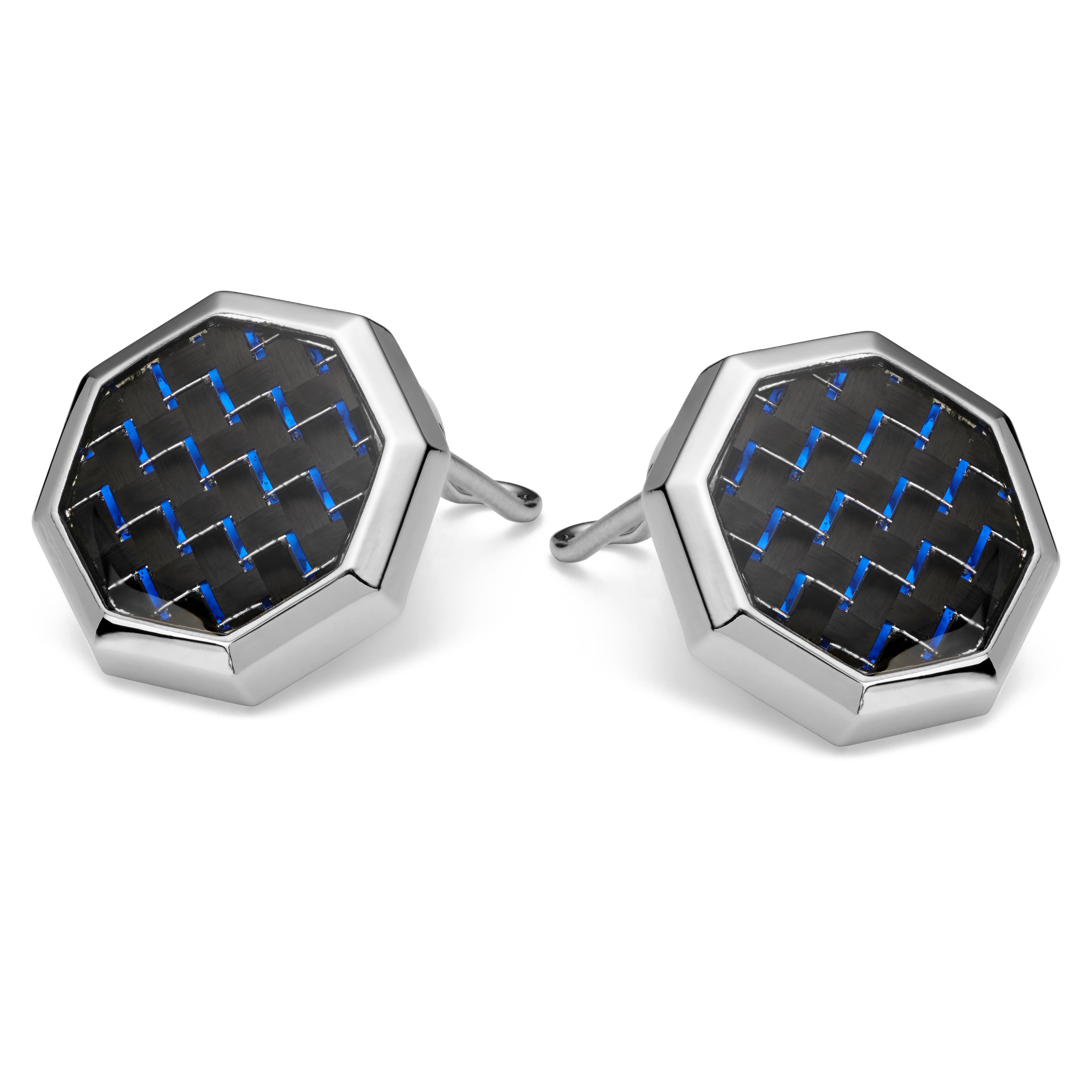 Octagon Silver-Tone Black & Cobalt Blue Copper Cufflinks & Tie Clip Set