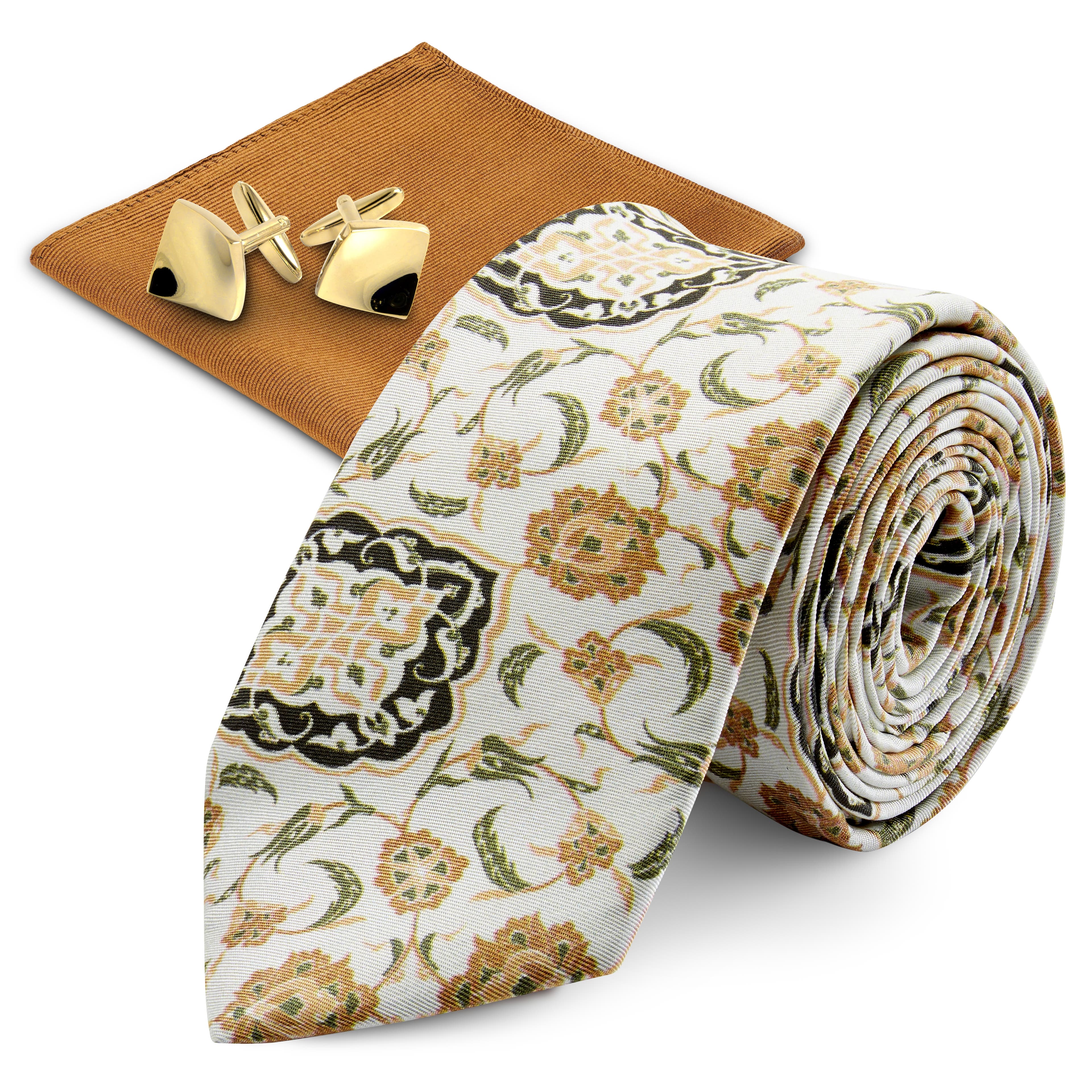 Set di accessori per abito in seta color oro e marrone