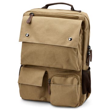 Mochila Compacta em Lona Amarelo-mostarda e Pele Castanha Mochila Compacta em Lona Amarelo-mostarda e Pele Castanha