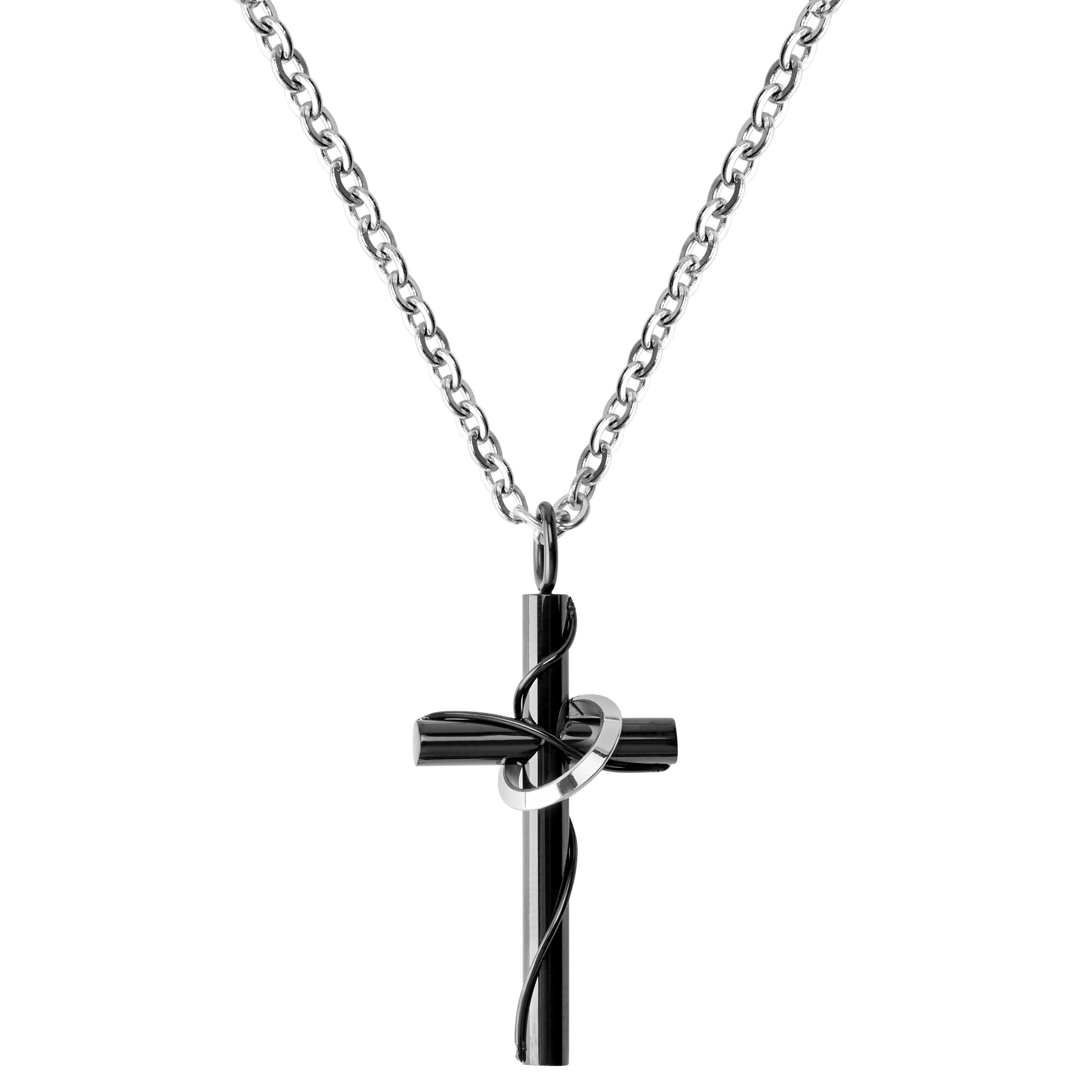 Silver-Tone Stainless Steel With Black Cross & Silver-Tone Halo Cable Chain Necklace