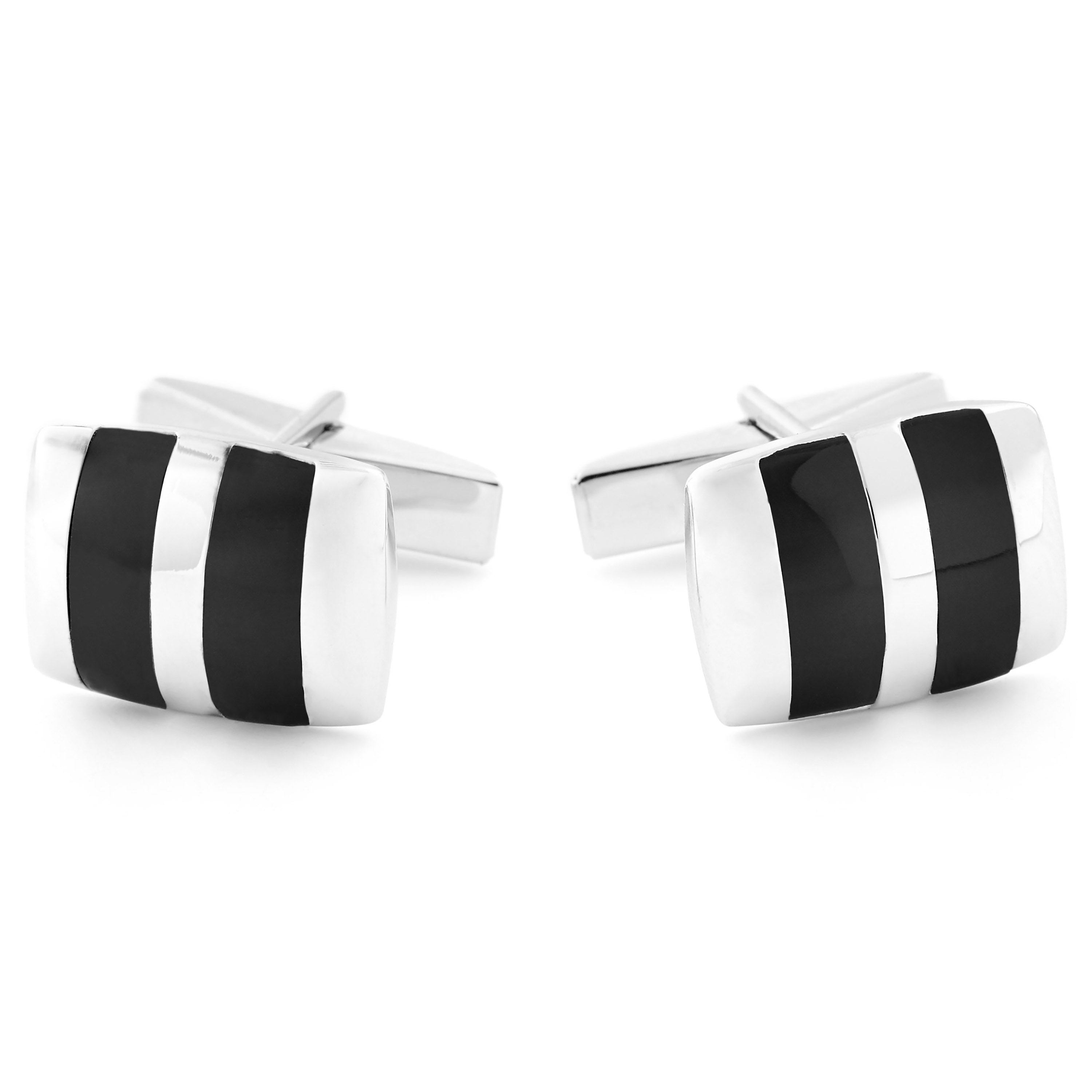 Svart Rektangel 925s Silver Manschettknappar - 1