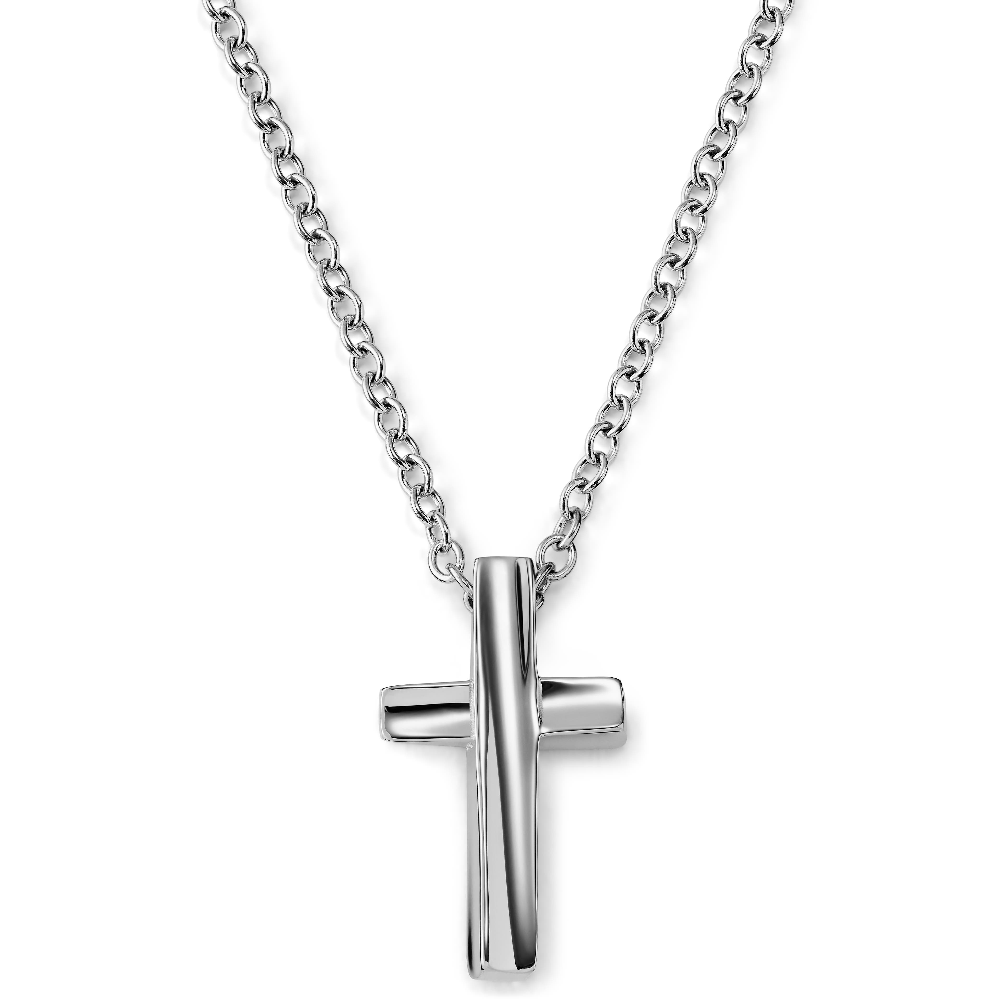 Silver-Tone Stainless Steel Curvy Cross Cable Chain Necklace