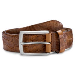 Vincio | Cinturón de cuero de grano completo marrón con estampado de cocodrilo