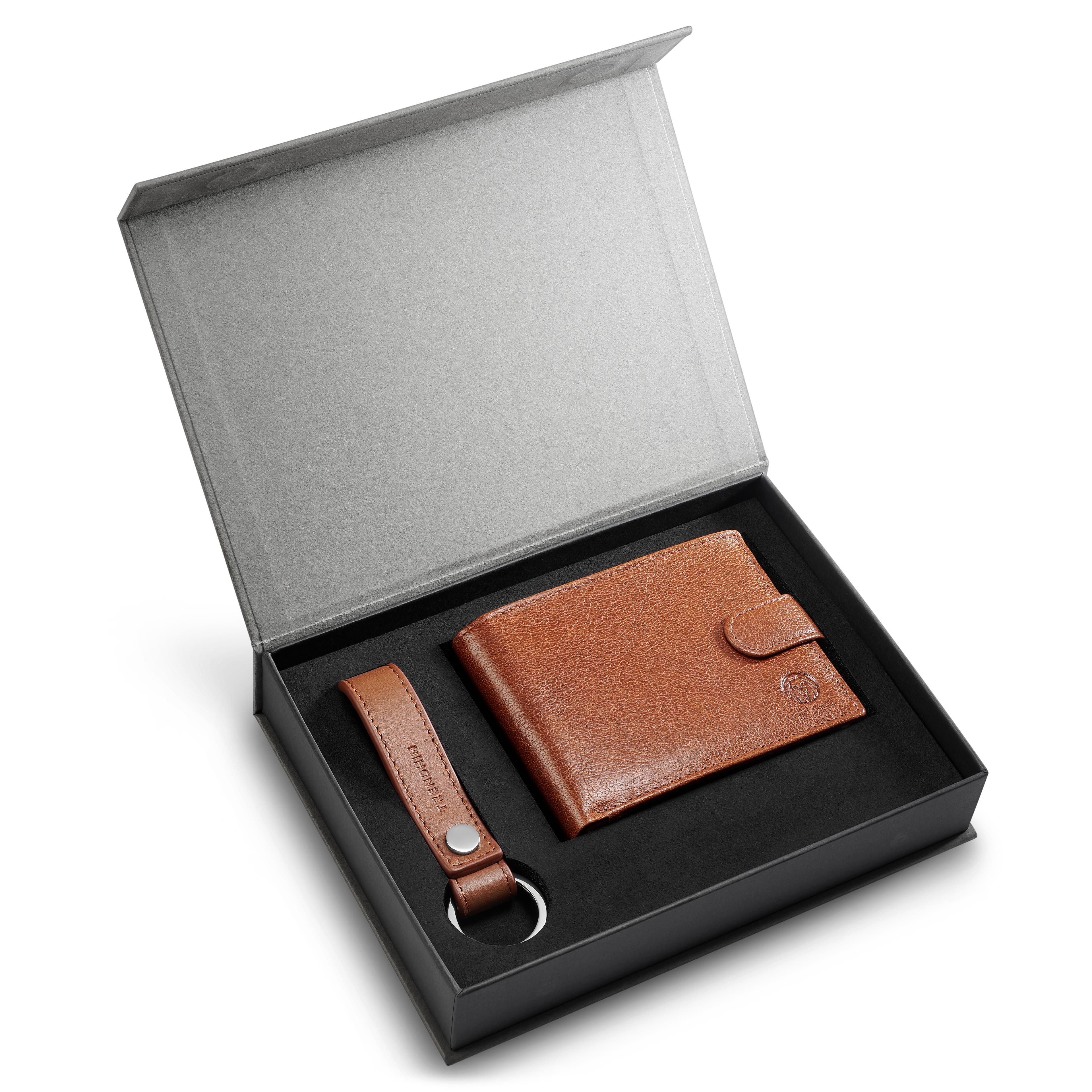 Estuche de regalo con llavero y billetera plegable de cuero color canela - 1