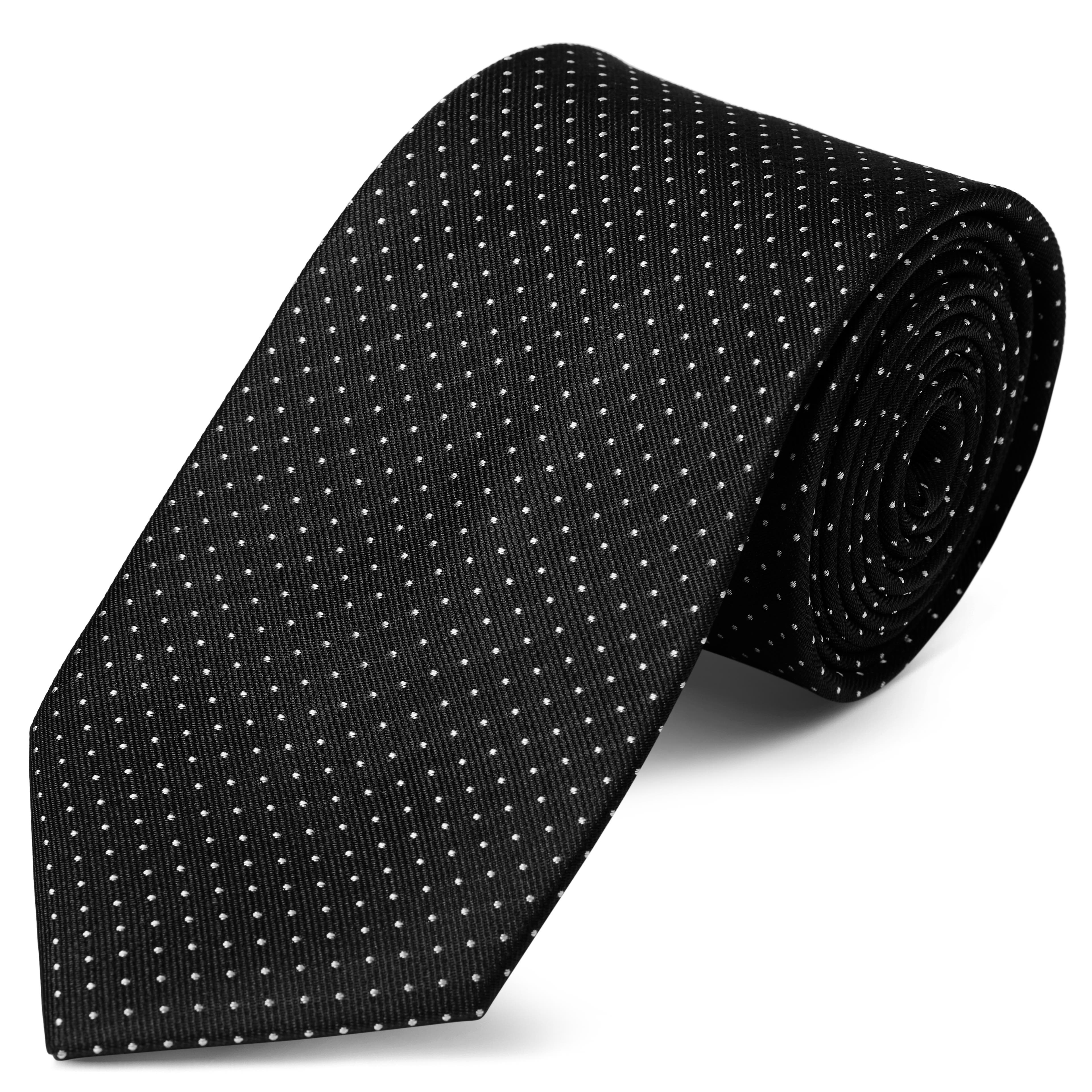Fekete selyem nyakkendő fehér pöttyös mintával - 8 cm