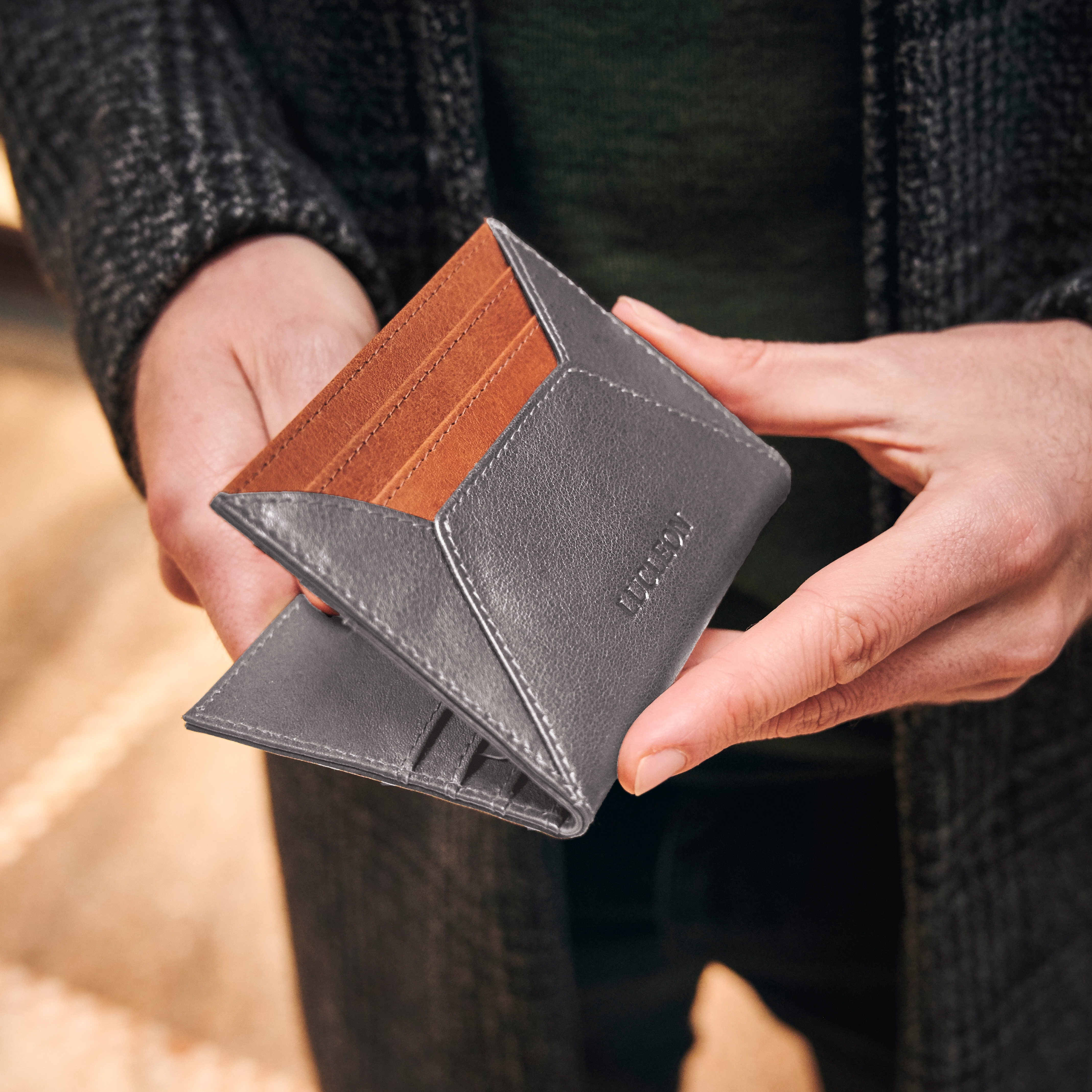 Loren Graues & Hellbraunes Leder RFID Kartenetui - 2