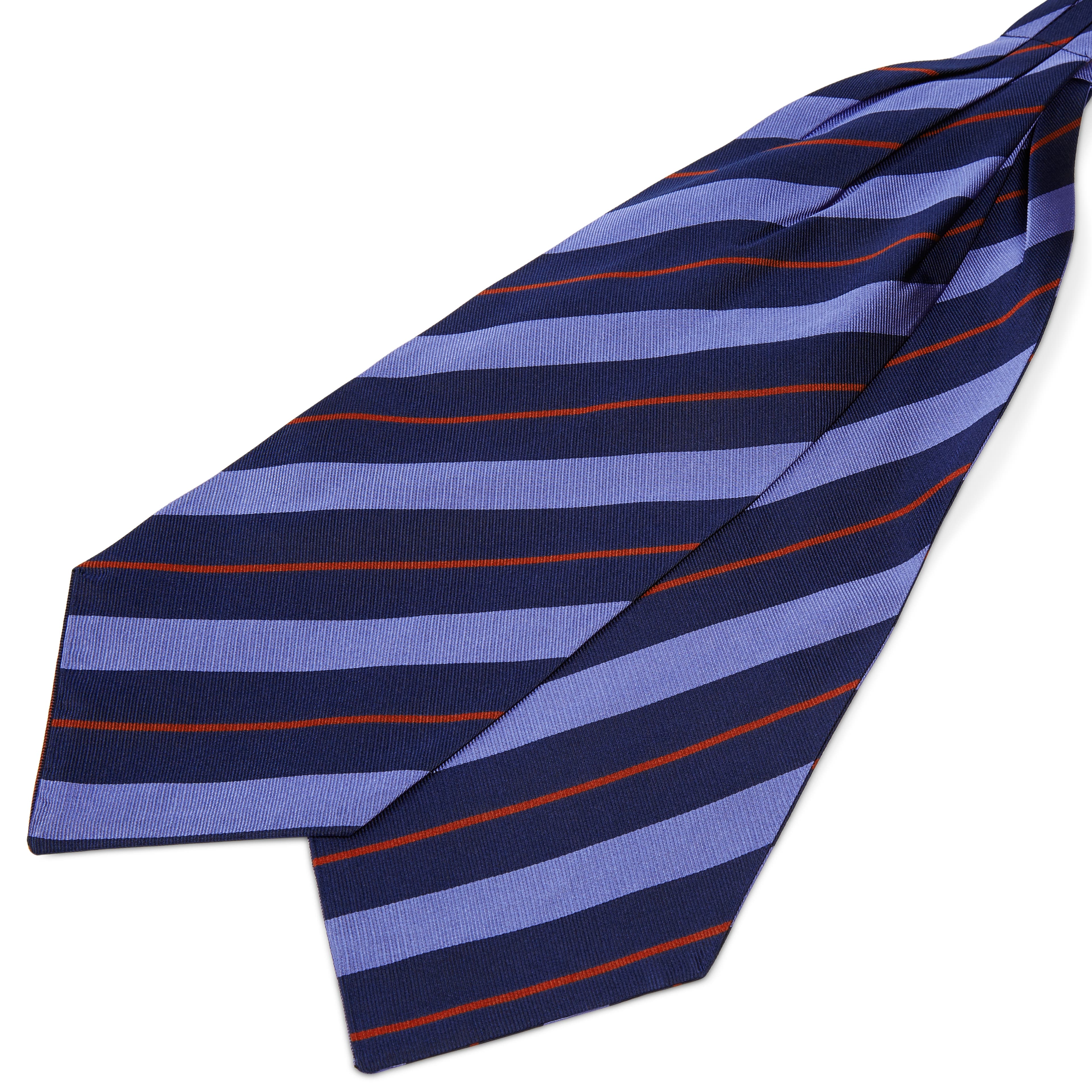 Hodvábny tmavomodrý kravatový šál s červenými a pastelovo modrými pruhmi