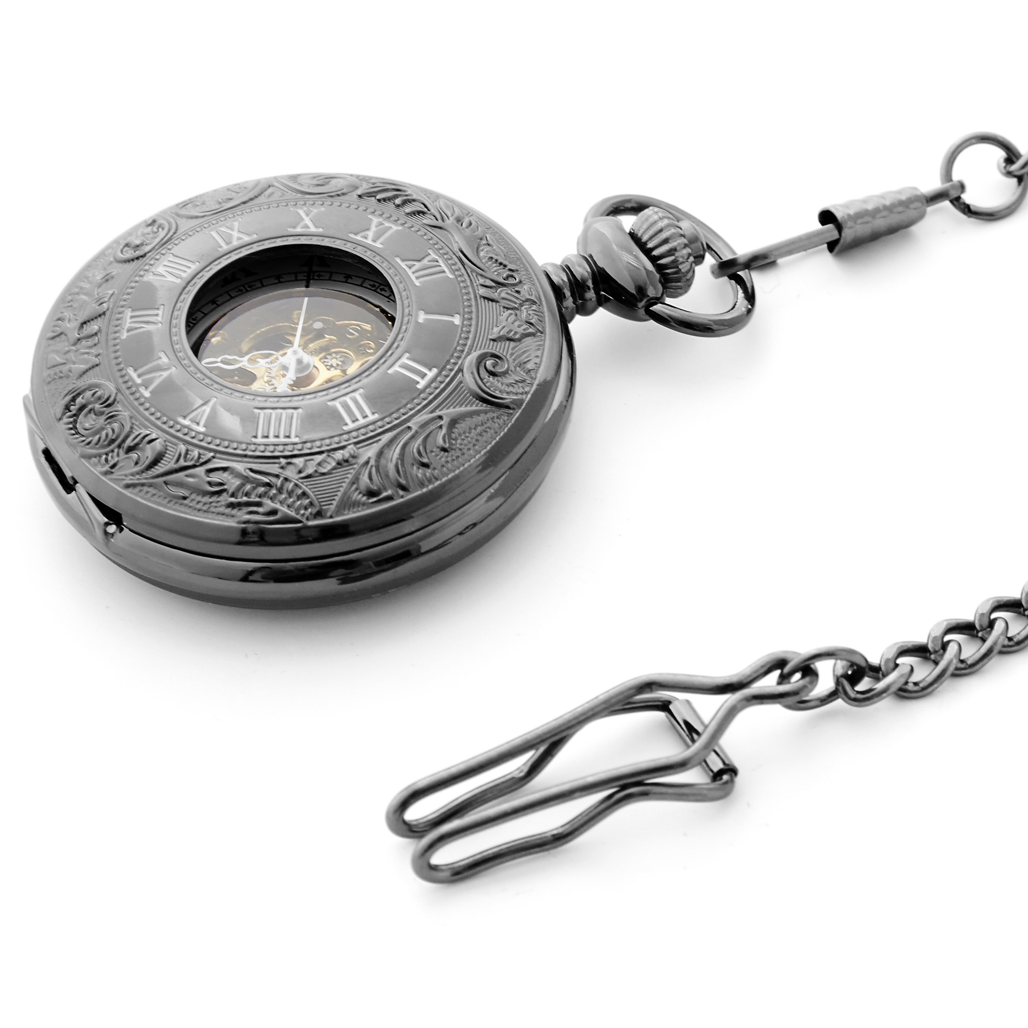 Small Black Ornate Skeleton Pocket Watch With Gold-Tone Movement & Black Cable Chain - 3