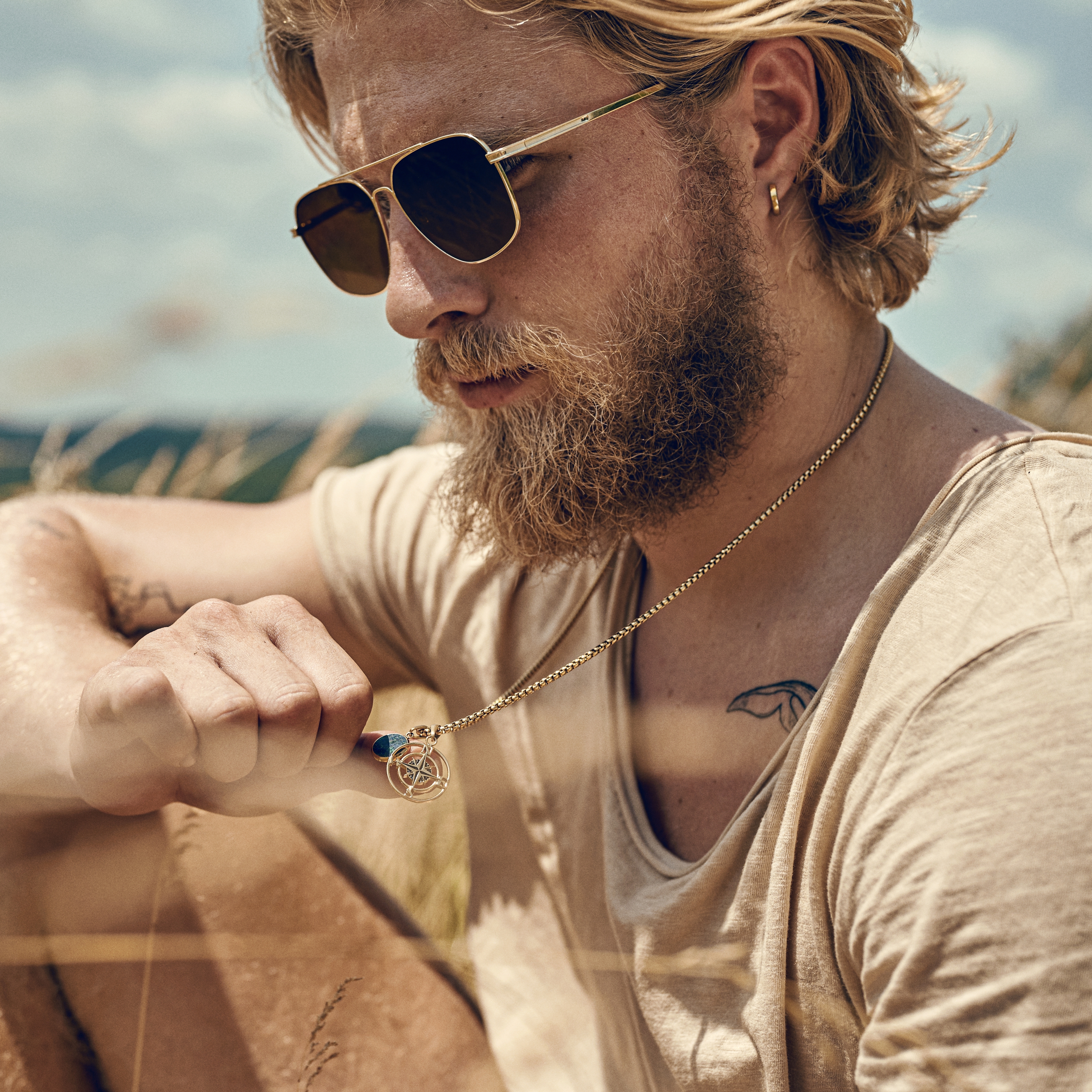 Atlas | Gold-tone Compass and Azurmalachite Pendant Necklace - 4