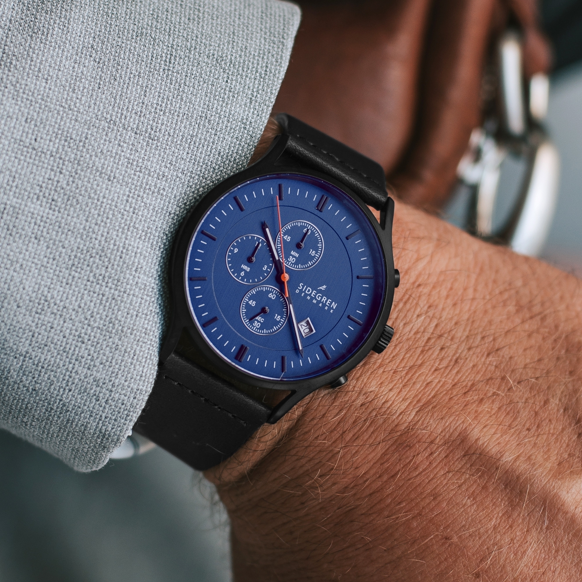 Revil | Black Chronograph Watch With Blue Dial & Black Leather Strap - 5