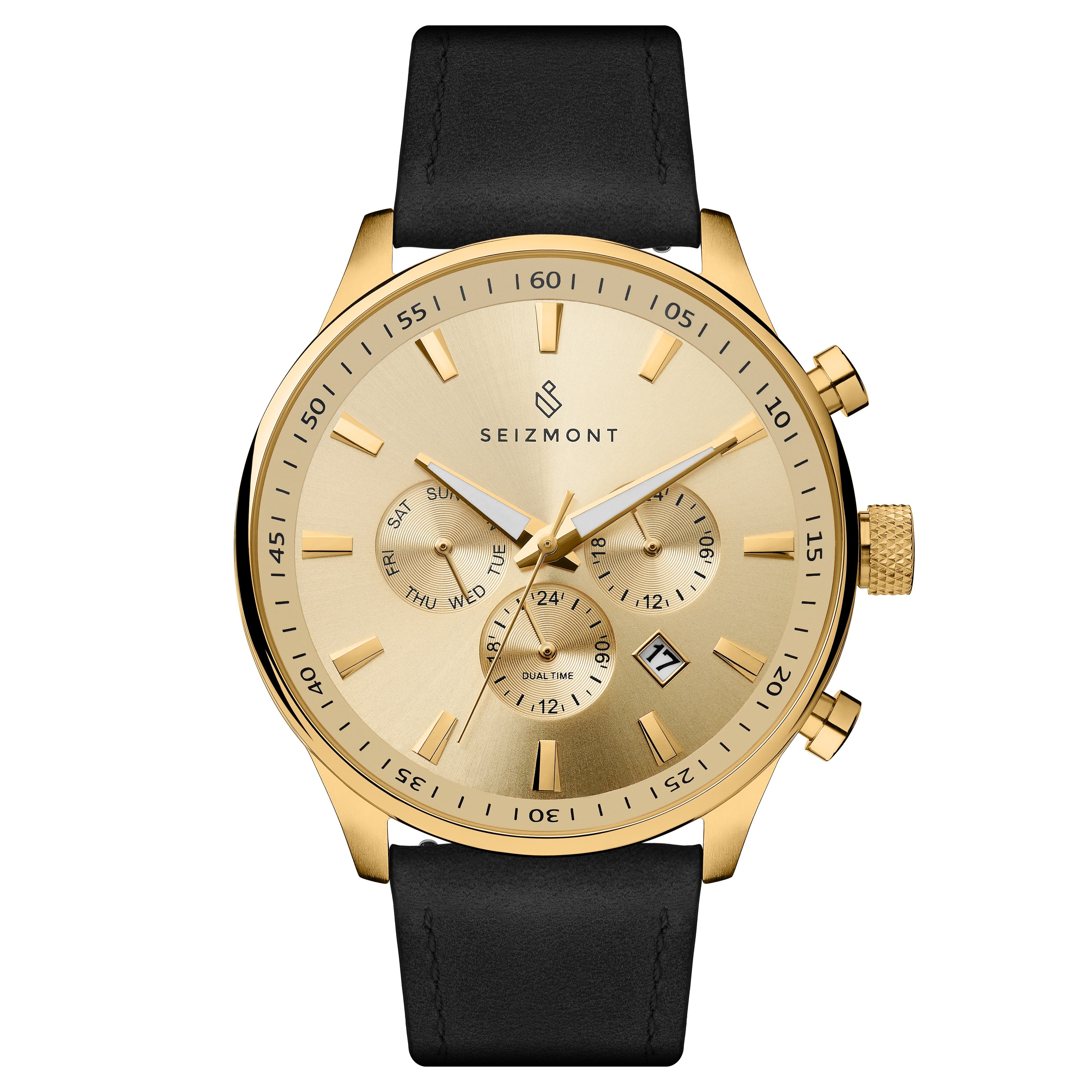 Montre Troika à boîtier et couronne dorés et bracelet noir jais Montre Troika à boîtier et couronne dorés et bracelet noir jais