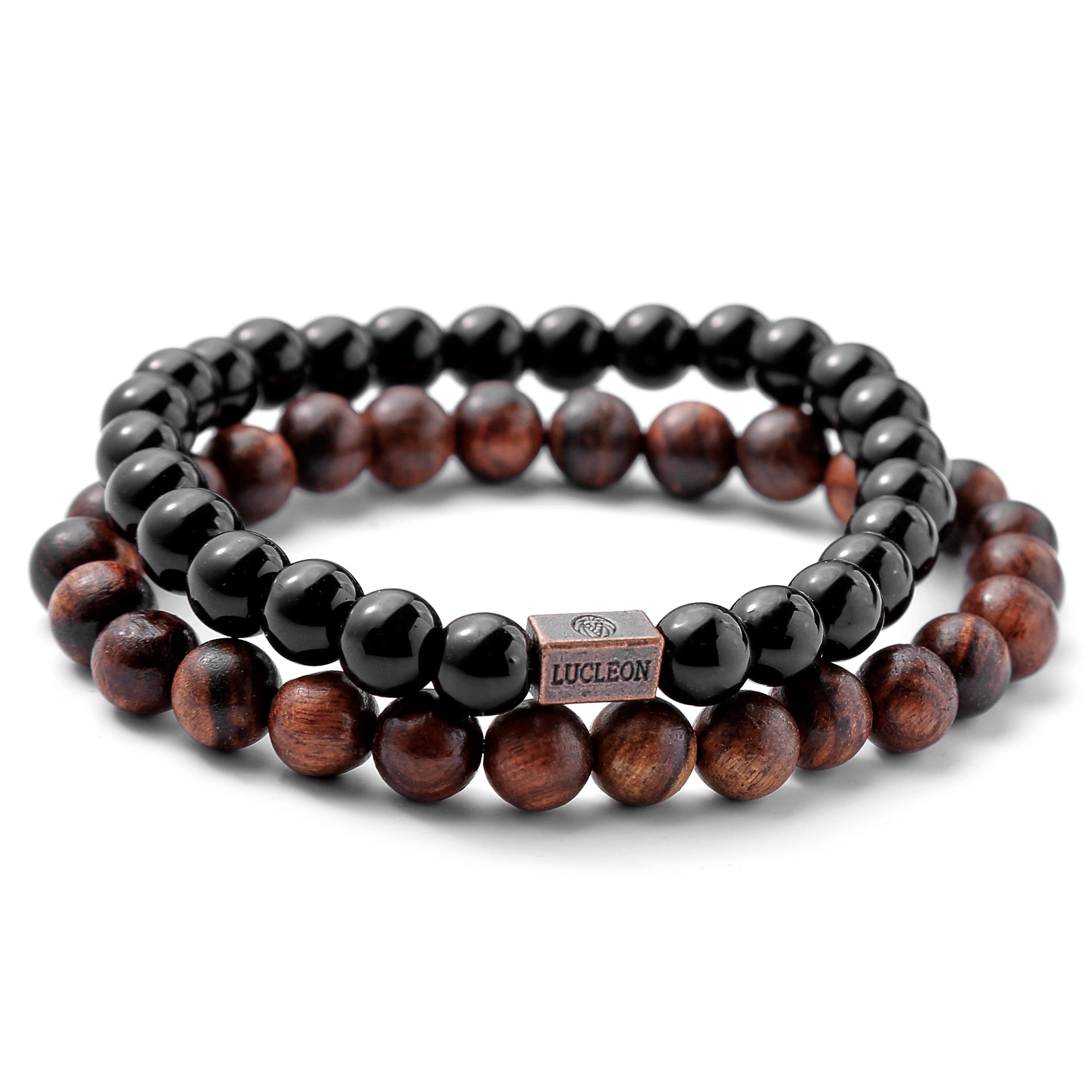 Black Onyx & Pear Tree Wooden Bracelet Set