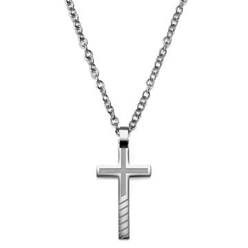 Silver-Tone Stainless Steel Inlined Cross Cable Chain Necklace