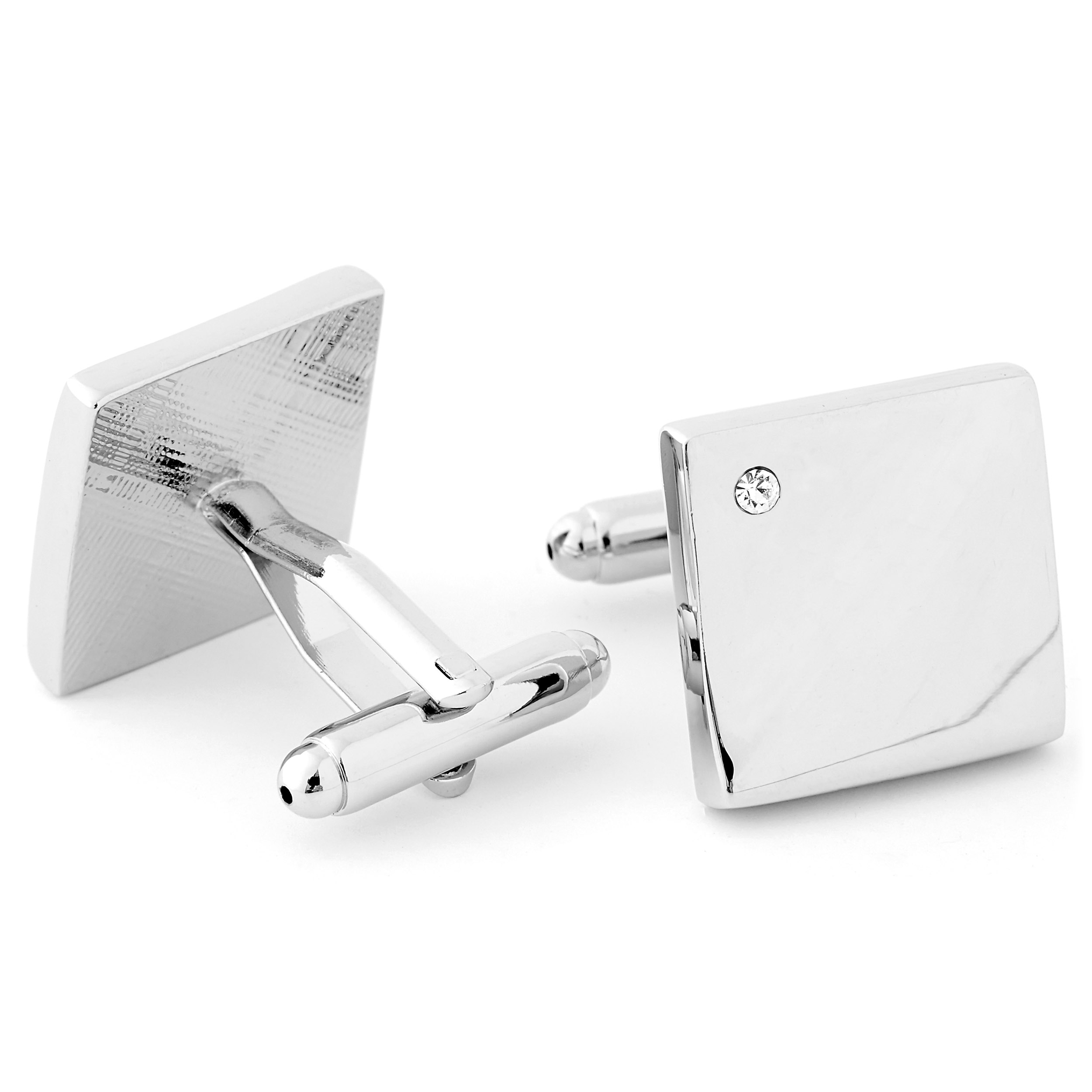 Square Silver-Tone Single Cubic Zirconia Stone Cufflinks - 2