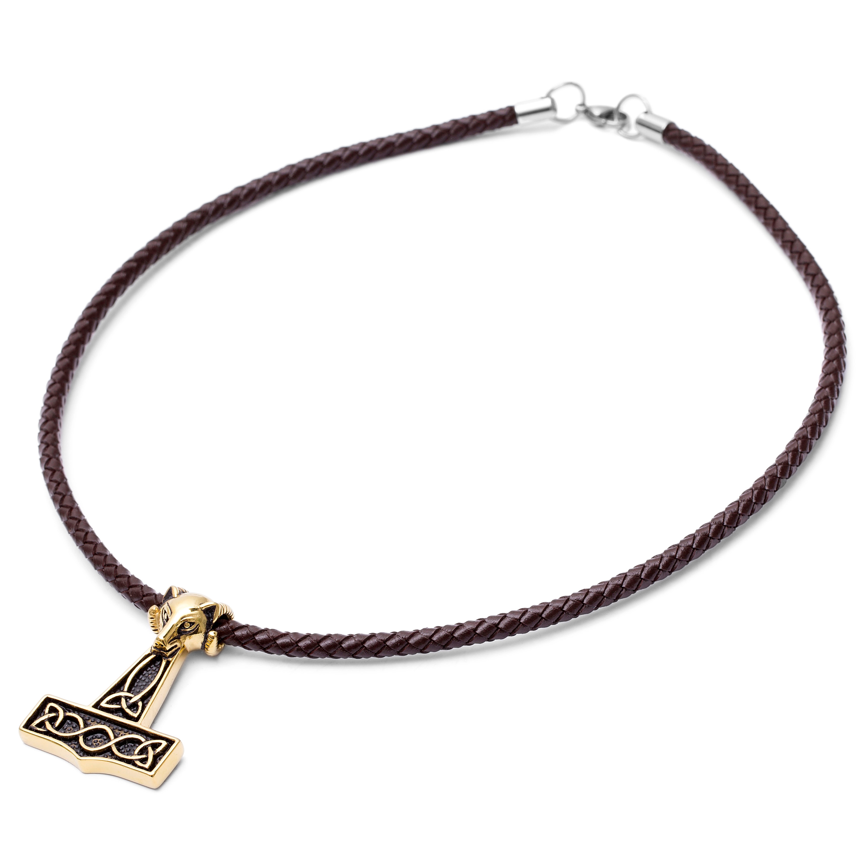 Brown Leather With Gold-Tone Wolf & Thor's Hammer Necklace - 3
